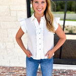Ruffle & Pearl Detail Button Down Top - White-200 Fashion Blouses-JODIFL-July & June Women's Fashion Boutique Located in San Antonio, Texas