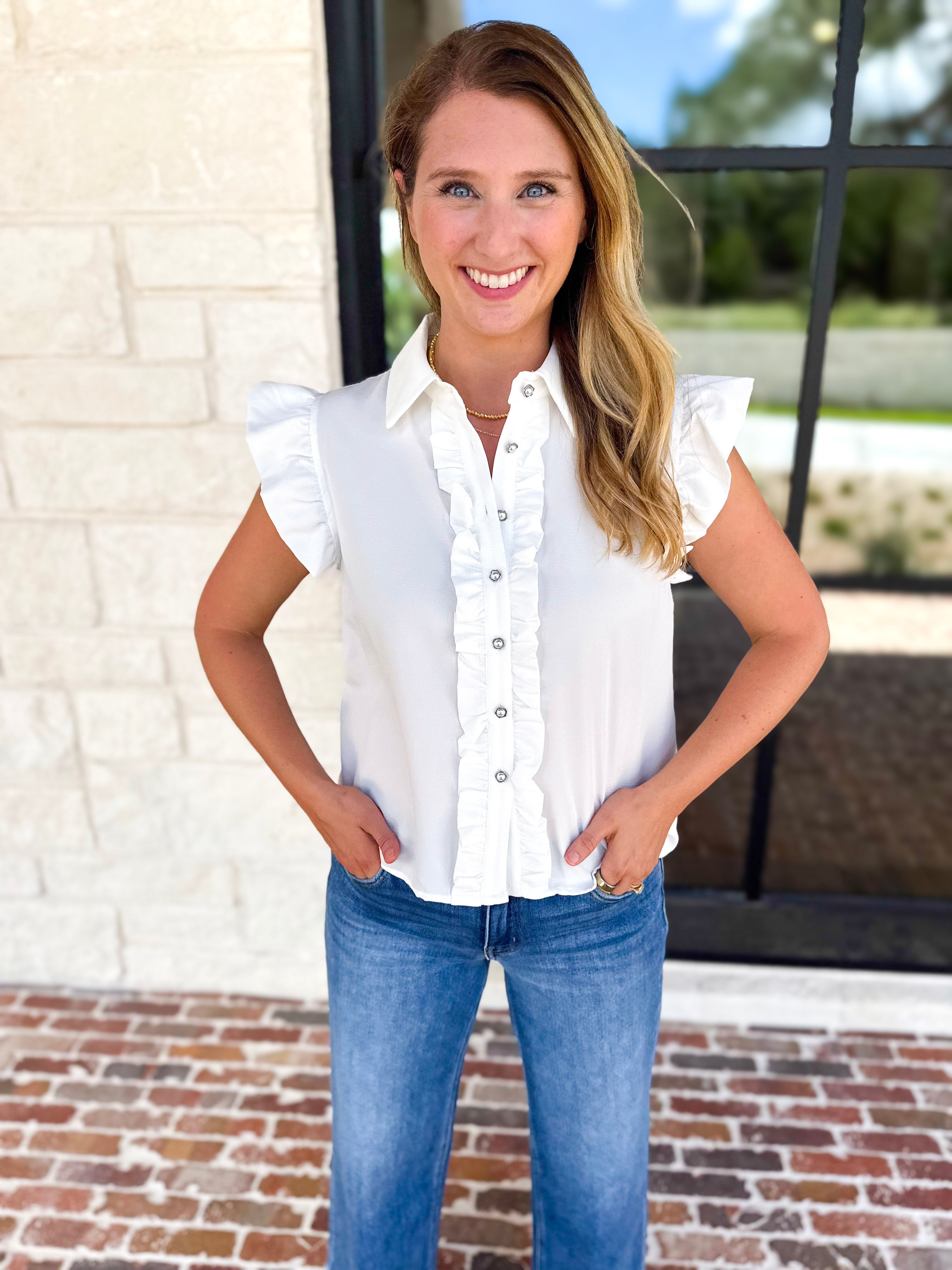 Ruffle & Pearl Detail Button Down Top - White-200 Fashion Blouses-JODIFL-July & June Women's Fashion Boutique Located in San Antonio, Texas