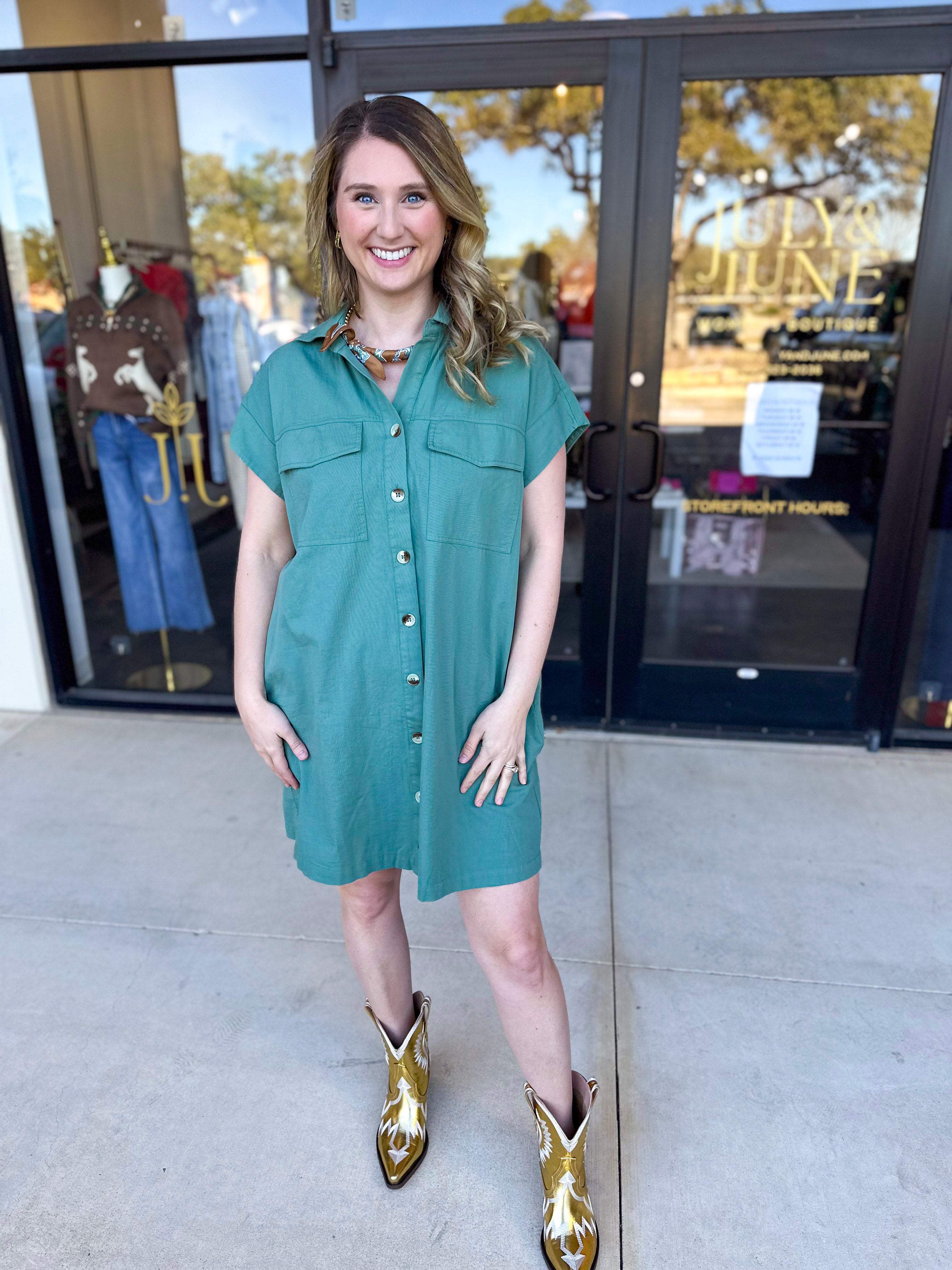 Go-To Utility Mini Dress - Green-510 Mini-IN FEBRUARY-July & June Women's Fashion Boutique Located in San Antonio, Texas