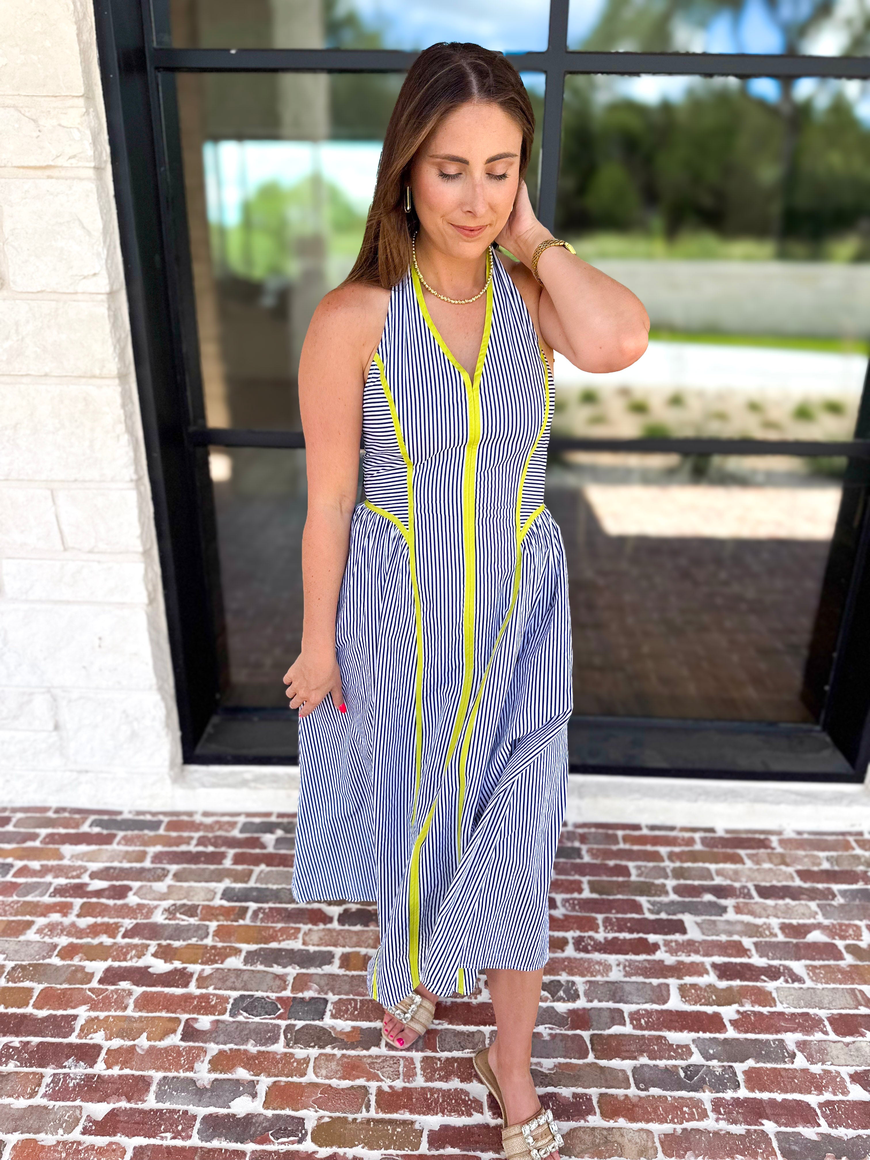 Chic Striped Halter Midi Dress-500 Midi-ENTRO-July & June Women's Fashion Boutique Located in San Antonio, Texas