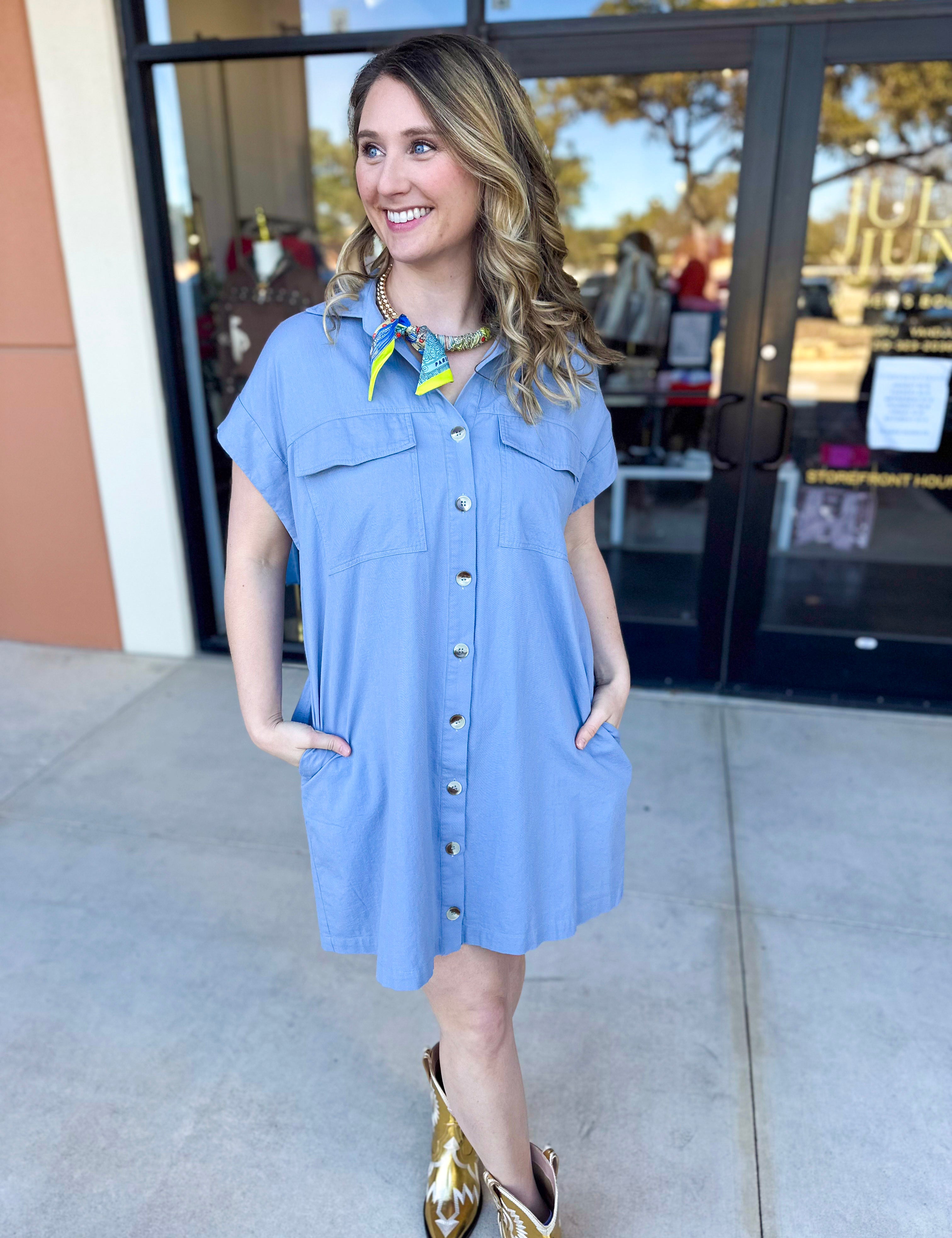 Go-To Utility Mini Dress - Blue - FINAL SALE July & June Women's Boutique Go-To Utility Mini Dress - Blue - FINAL SALE July & June Women's Boutique