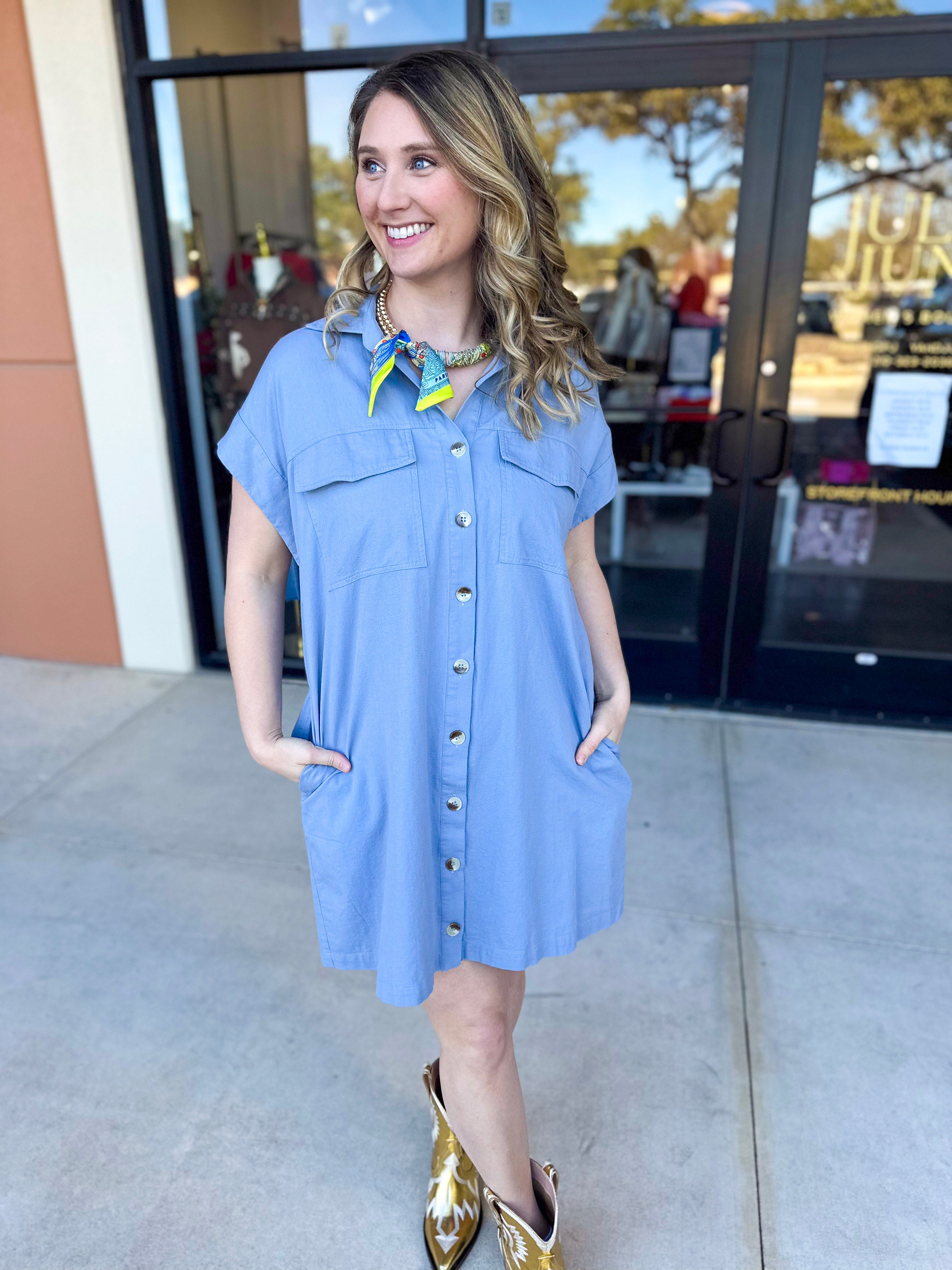 Go-To Utility Mini Dress - Blue-510 Mini-IN FEBRUARY-July & June Women's Fashion Boutique Located in San Antonio, Texas