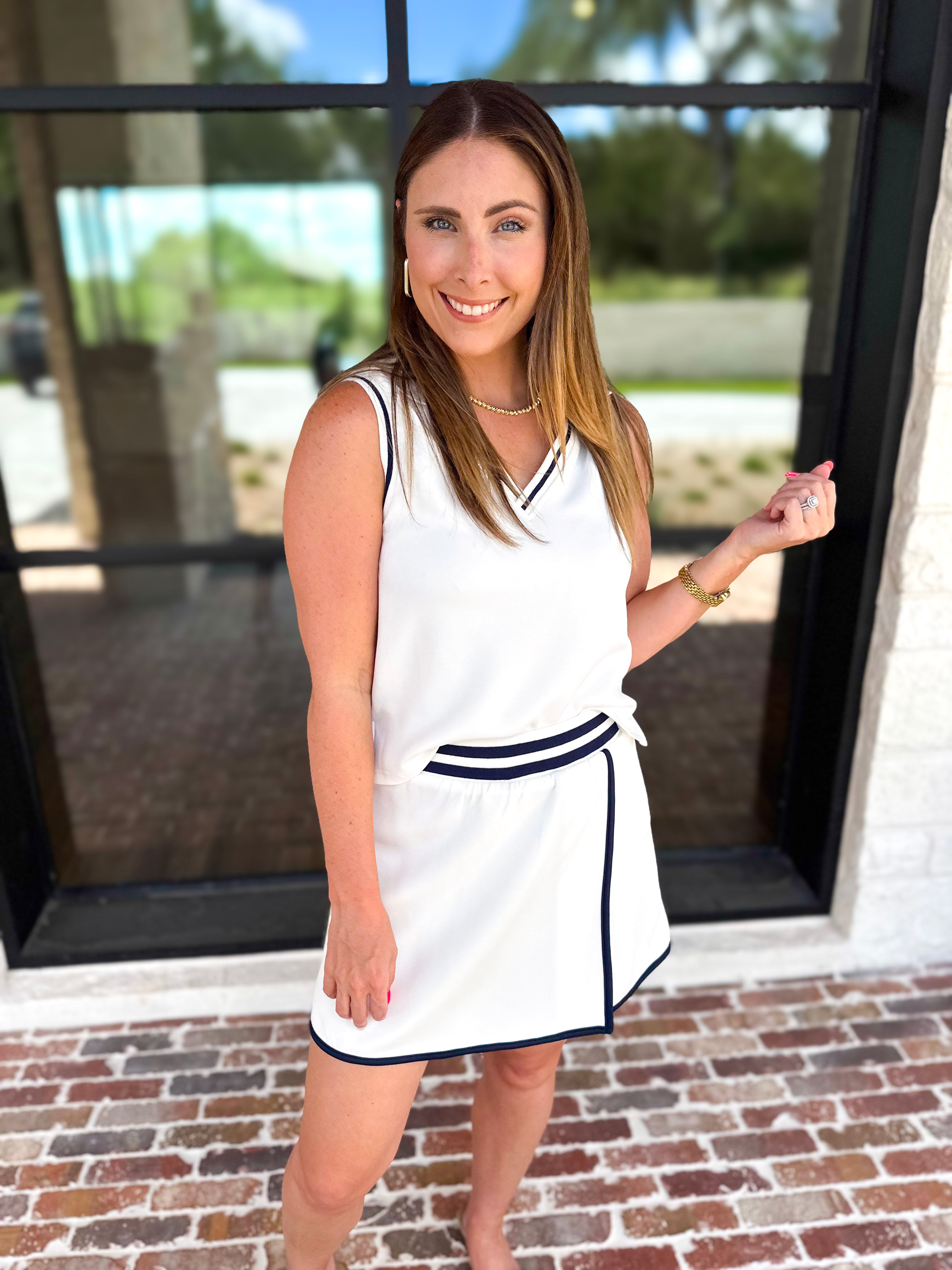 The Sunday Stroll Athleisure Tank - White/Navy-300 Athleisure/Lounge-SKIES ARE BLUE-July & June Women's Fashion Boutique Located in San Antonio, Texas