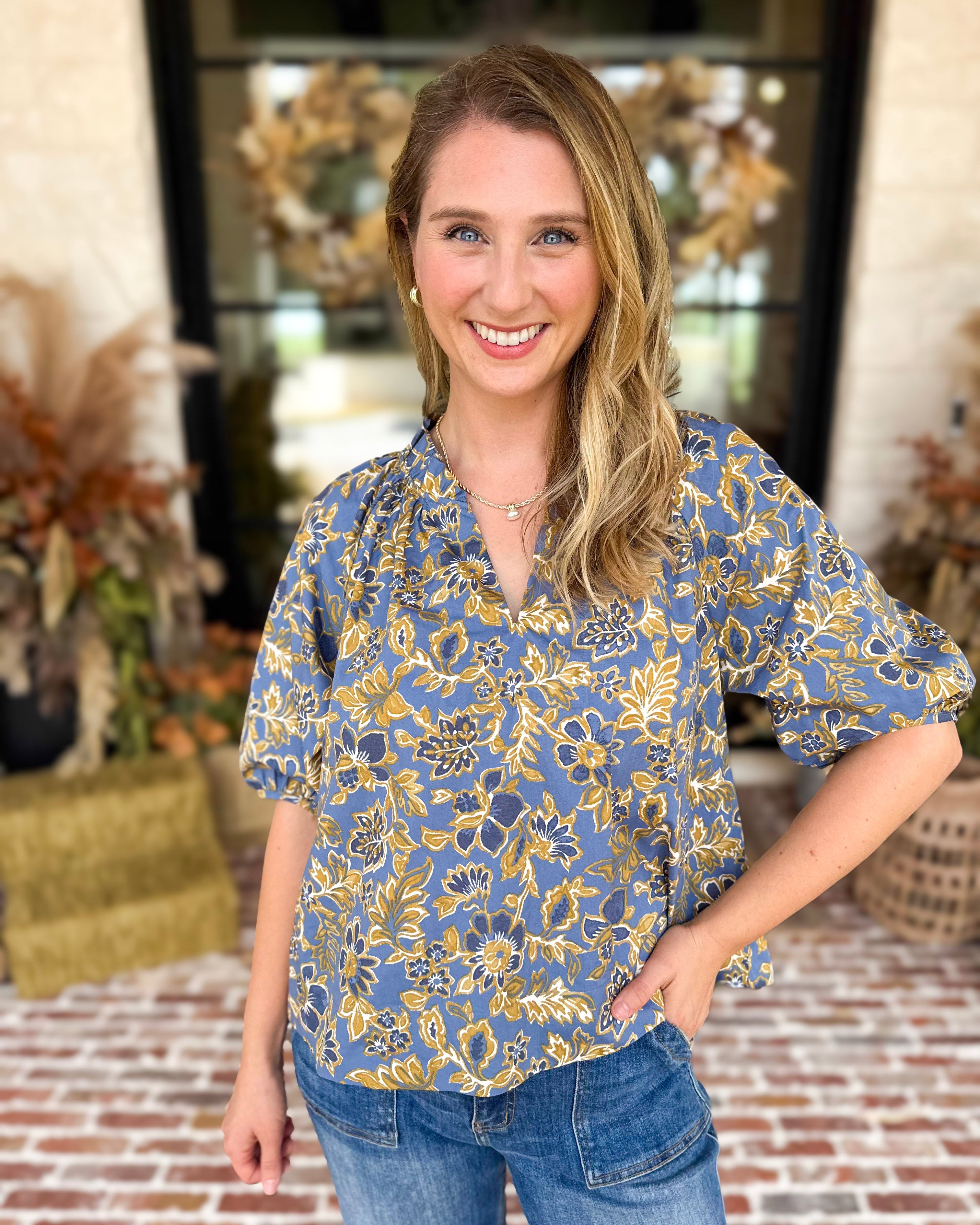 Marina Floral Puff Sleeve Blouse-200 Fashion Blouses-OLIVACEOUS-July & June Women's Fashion Boutique Located in San Antonio, Texas