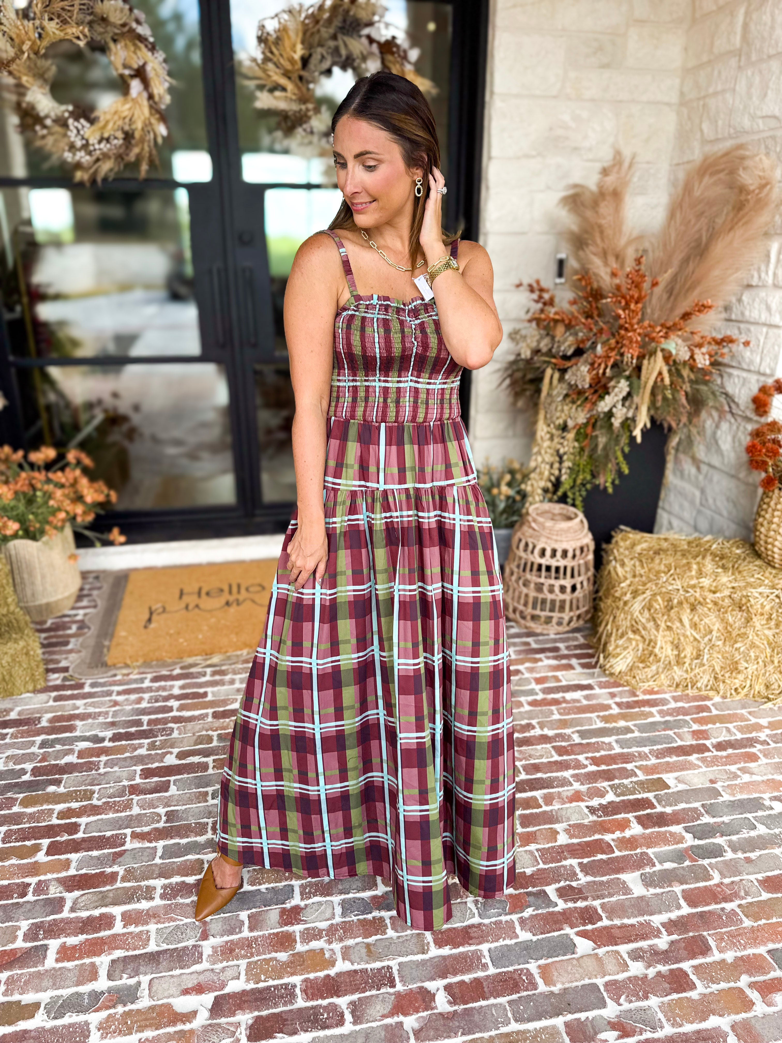 Cranberry Grove Plaid Sweetheart Midi Dress-500 Midi-TCEC-July & June Women's Fashion Boutique Located in San Antonio, Texas