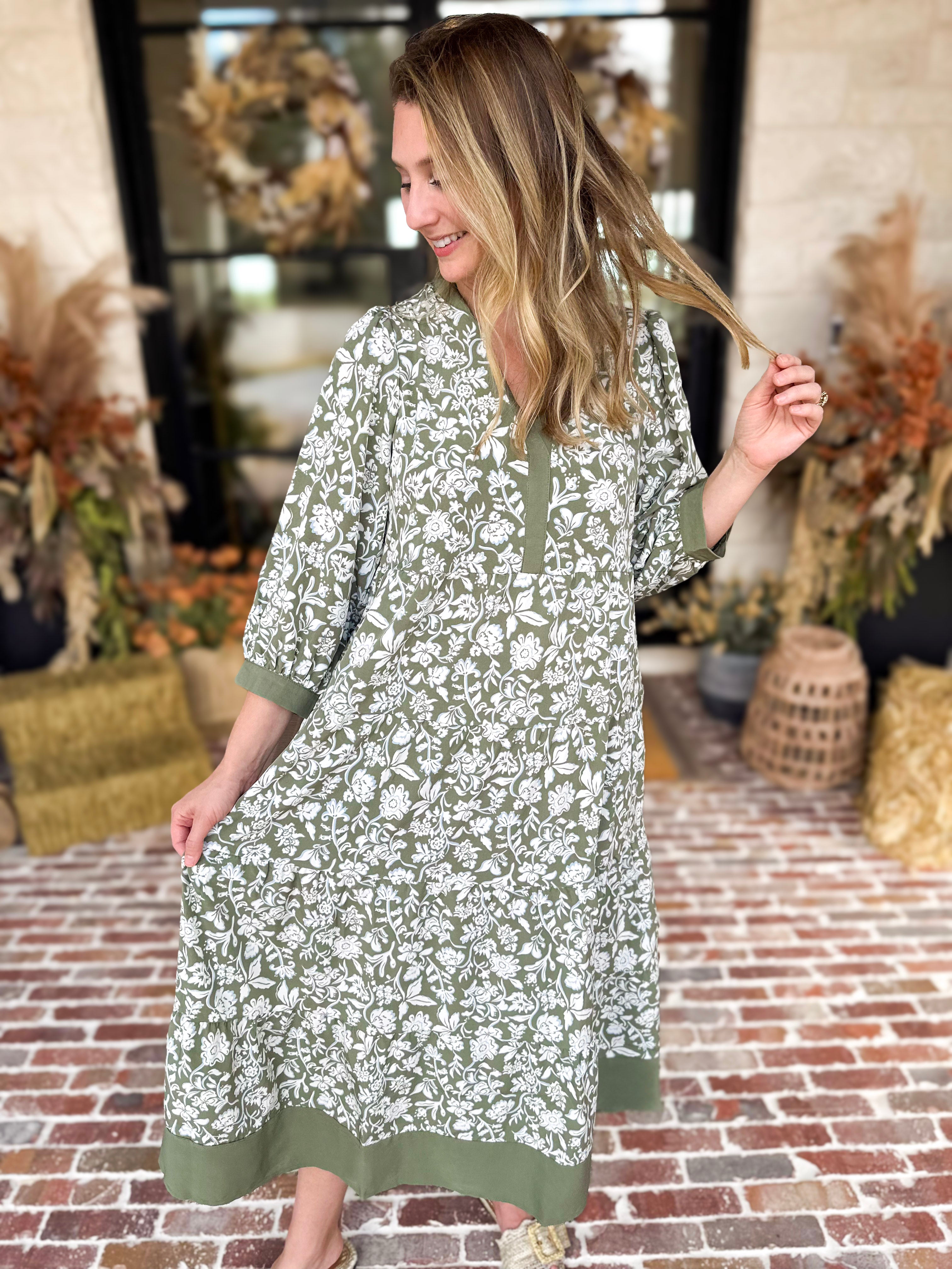 Mary Square - Sage Floral Flowy Midi Dress-500 Midi-MARY SQUARE-July & June Women's Fashion Boutique Located in San Antonio, Texas