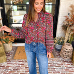 Mary Square - Raspberry Florals Blouse-200 Fashion Blouses-MARY SQUARE-July & June Women's Fashion Boutique Located in San Antonio, Texas