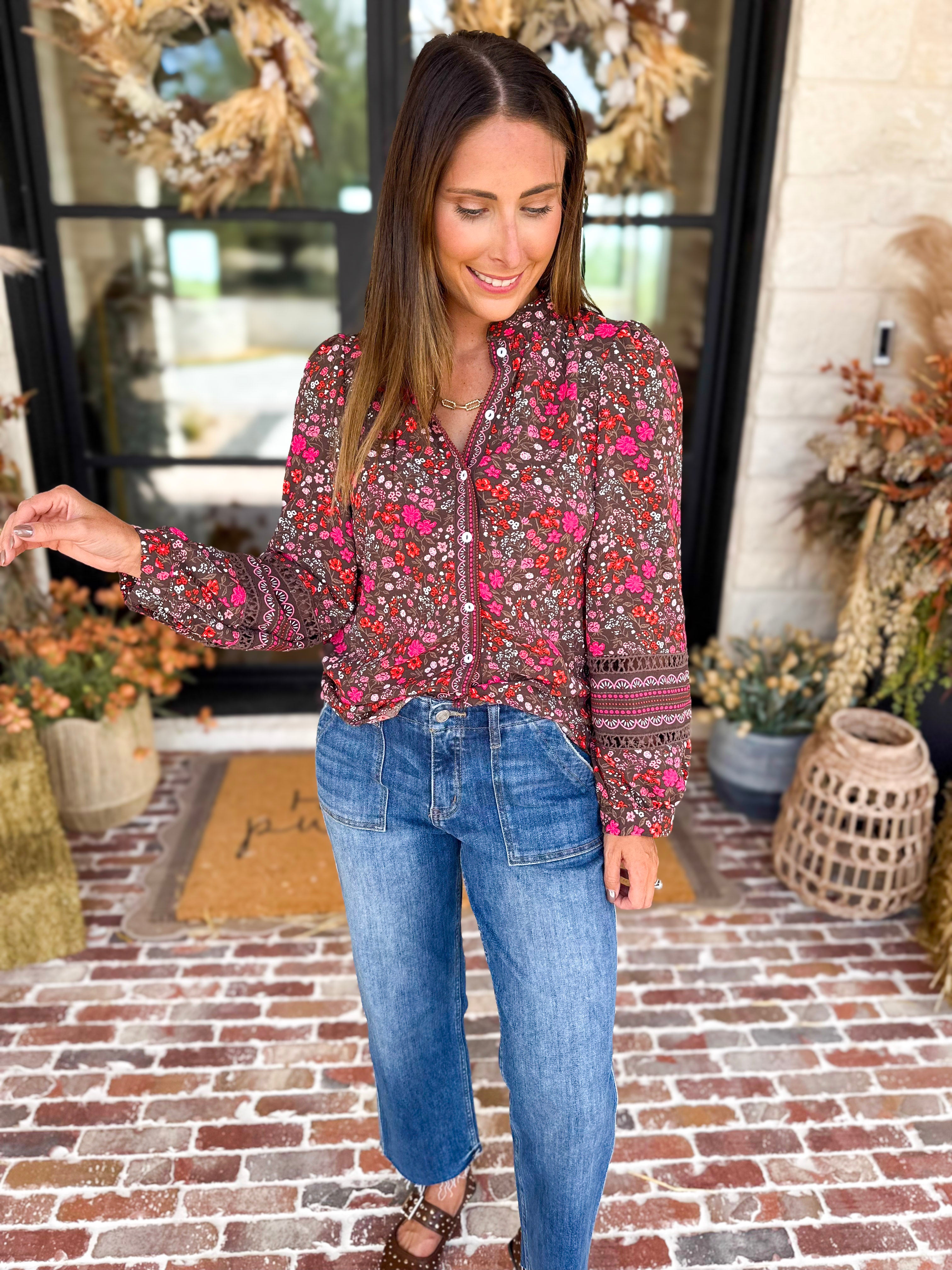 Mary Square - Raspberry Florals Blouse-200 Fashion Blouses-MARY SQUARE-July & June Women's Fashion Boutique Located in San Antonio, Texas
