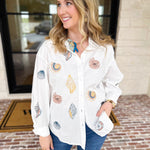 Linen Seashell Embroidered Blouse-200 Fashion Blouses-BLUE B-July & June Women's Fashion Boutique Located in San Antonio, Texas