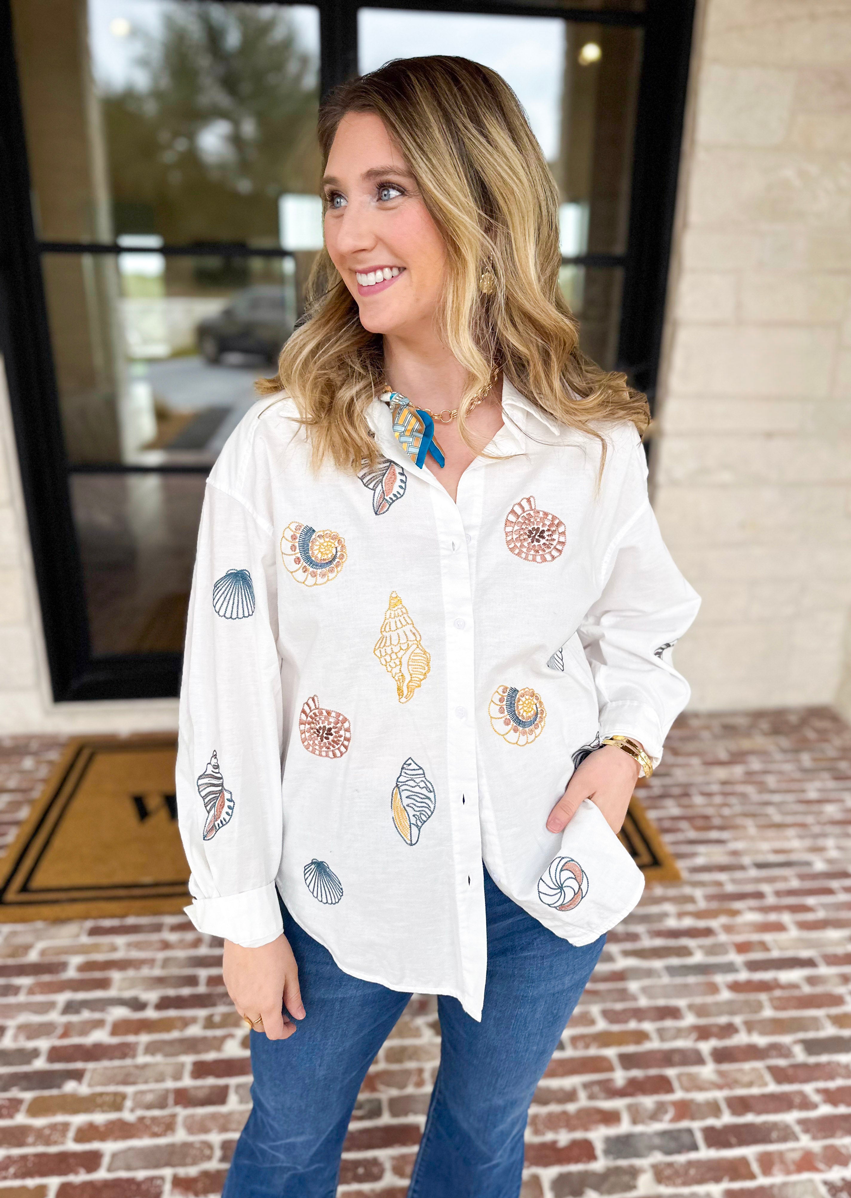 Linen Seashell Embroidered Blouse-200 Fashion Blouses-BLUE B-July & June Women's Fashion Boutique Located in San Antonio, Texas