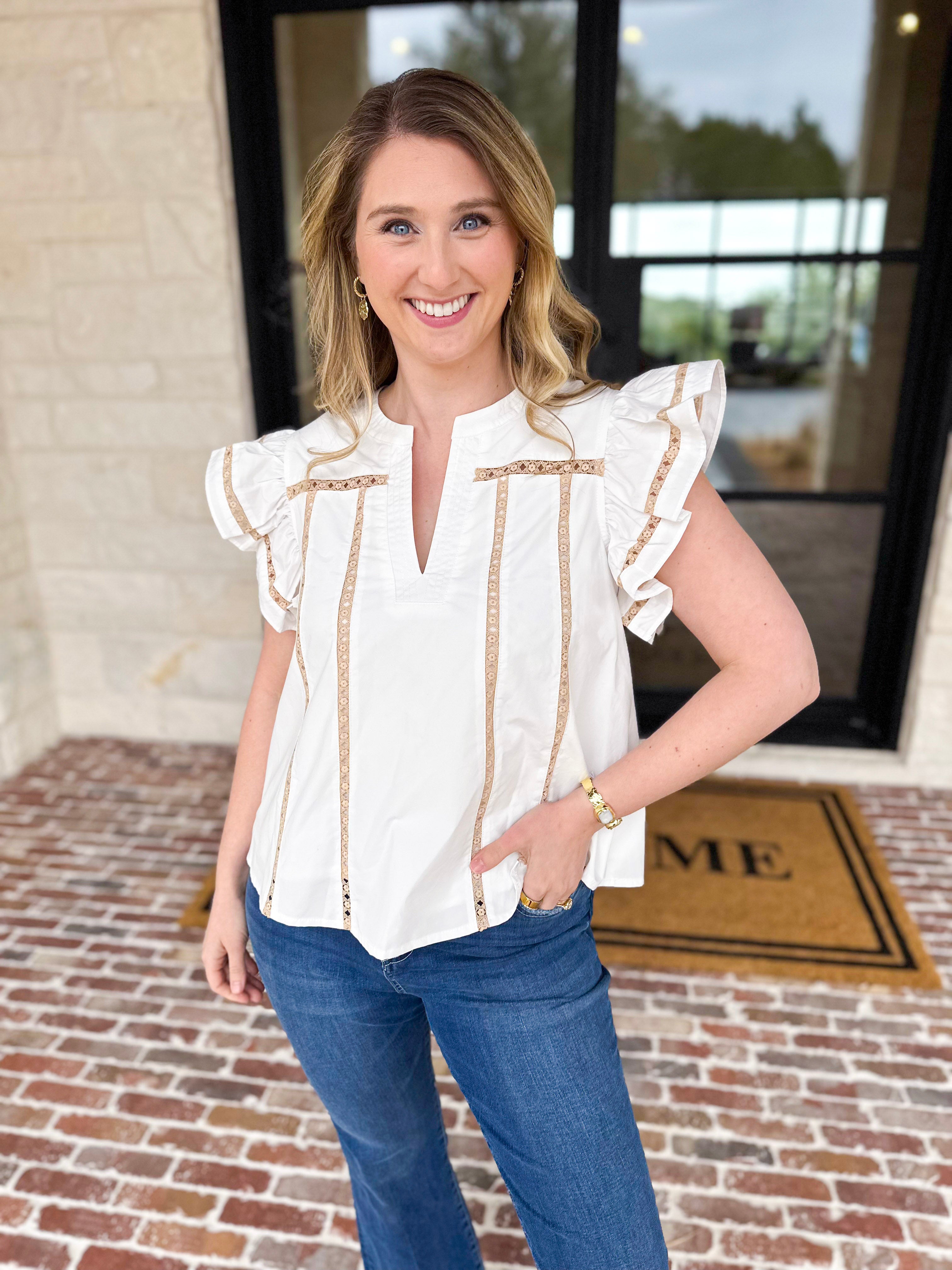 Ivory Lace Trim Blouse-200 Fashion Blouses-STRUT & BOLT-July & June Women's Fashion Boutique Located in San Antonio, Texas