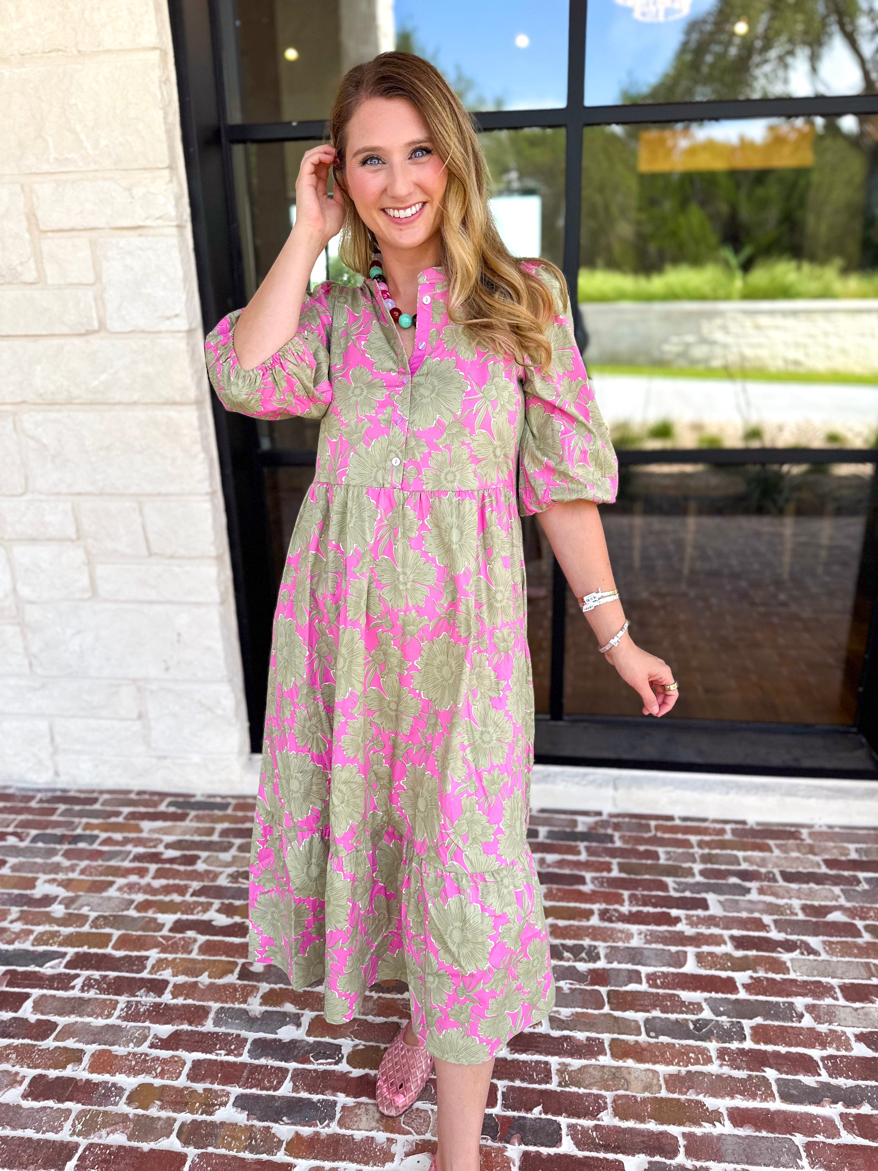 Mary Square - Riley Pink & Sage Floral Midi Dress-500 Midi-MARY SQUARE-July & June Women's Fashion Boutique Located in San Antonio, Texas