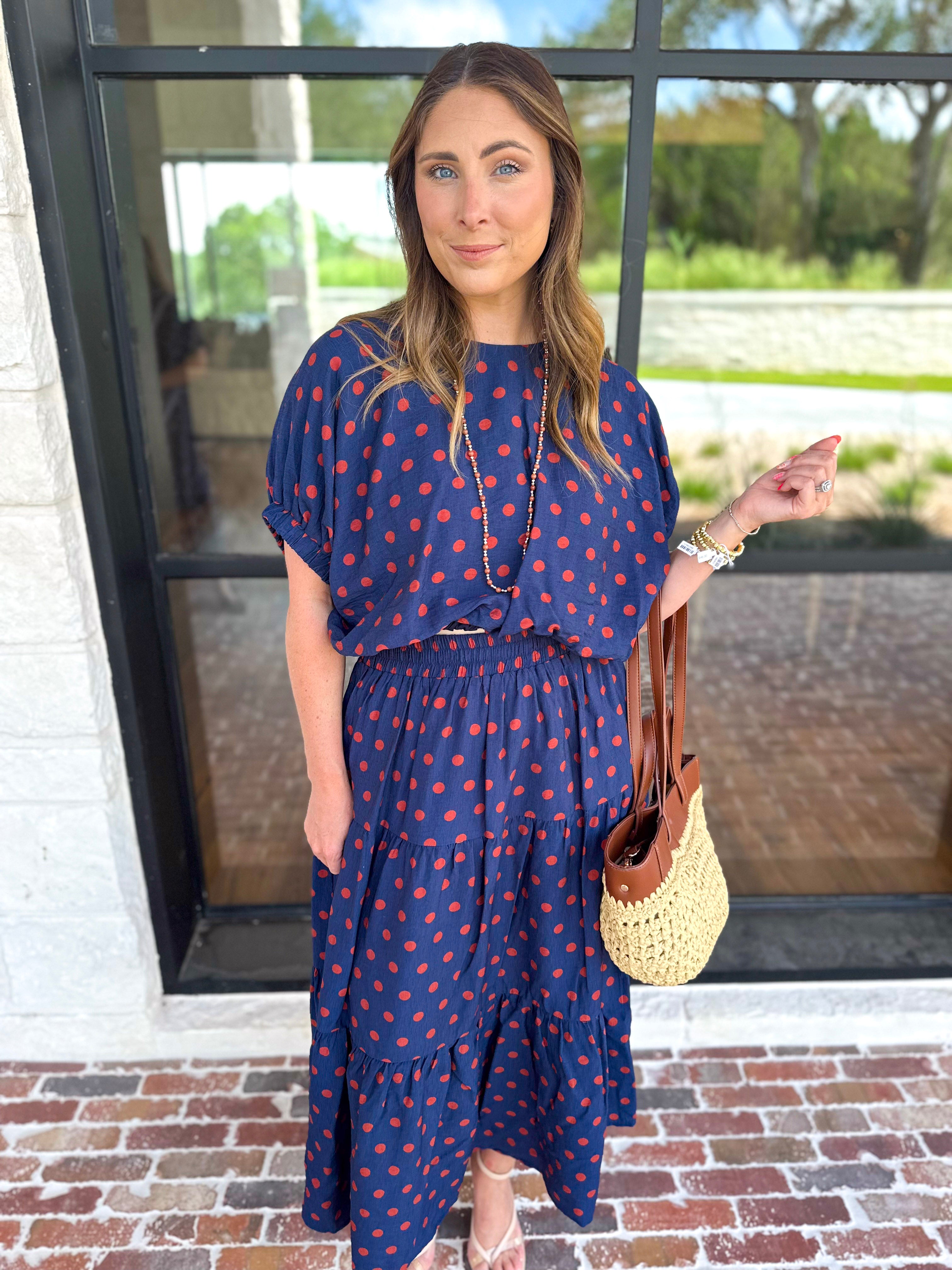 Darling in Dots Set - Navy & Rust-500 Midi-ENTRO-July & June Women's Fashion Boutique Located in San Antonio, Texas