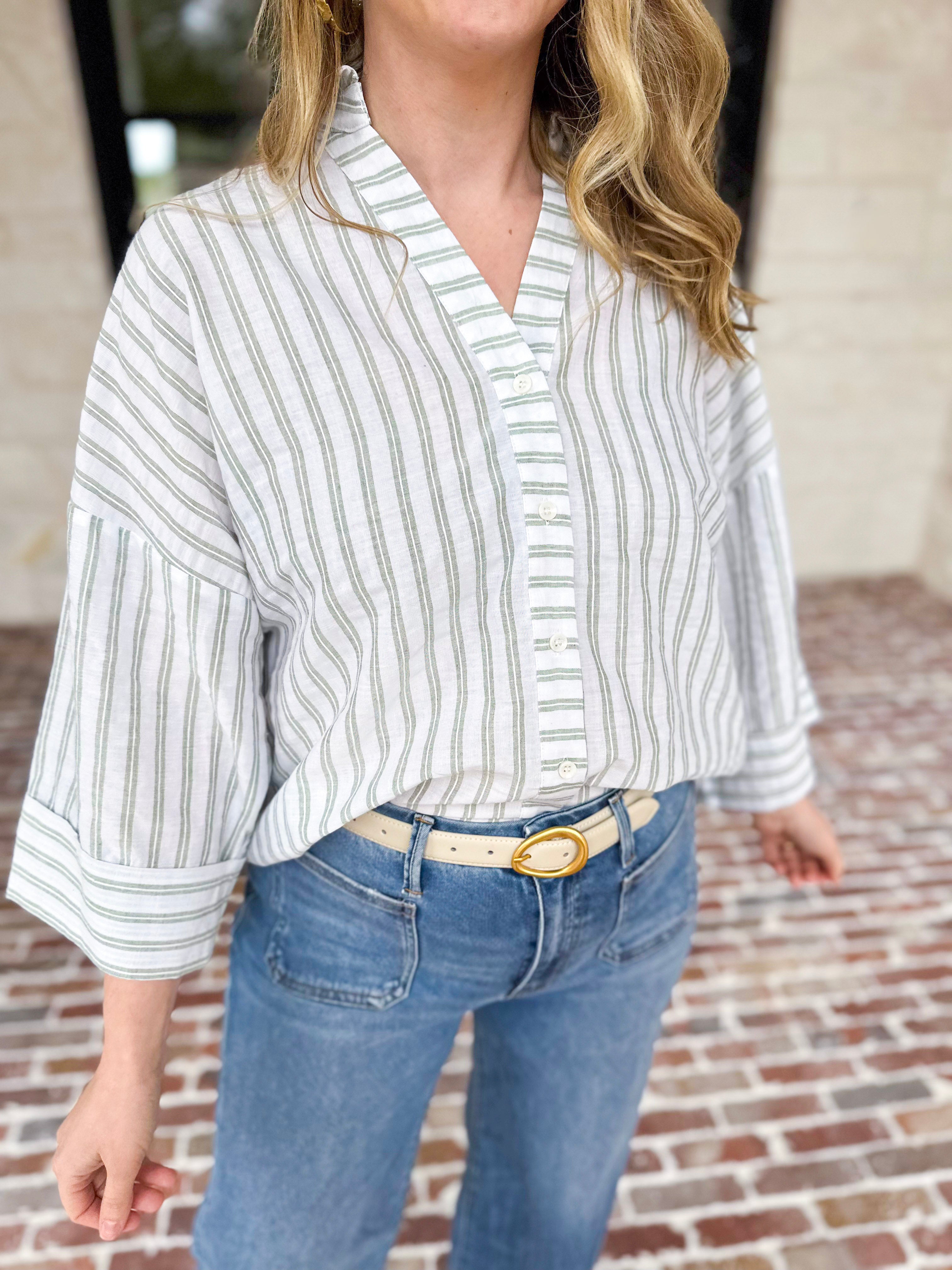 Comfy Coastal Button Down - Sage-200 Fashion Blouses-IN FEBRUARY-July & June Women's Fashion Boutique Located in San Antonio, Texas
