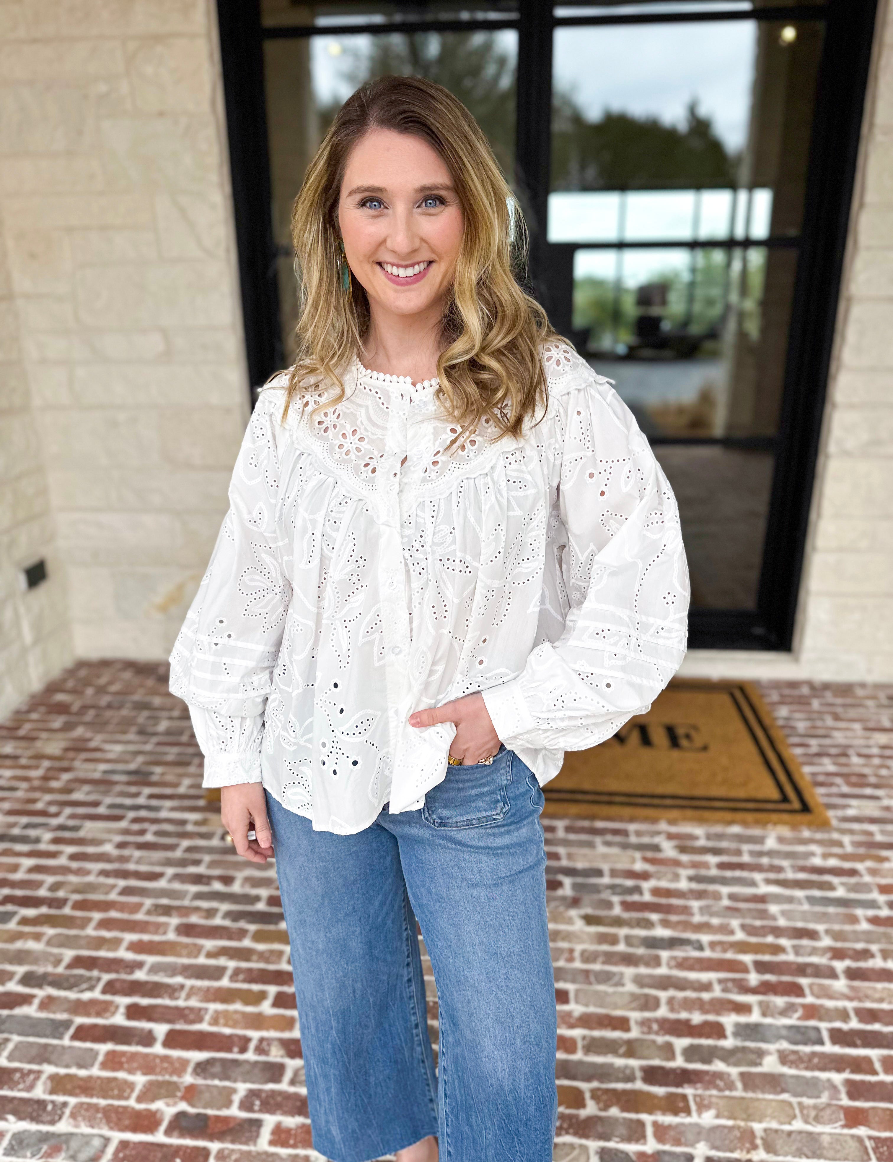 Button Down Lace Details Blouse - Ivory-200 Fashion Blouses-BAILEY ROSE-July & June Women's Fashion Boutique Located in San Antonio, Texas