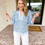Light Blue Floral Blouse-200 Fashion Blouses-STRUT & BOLT-July & June Women's Fashion Boutique Located in San Antonio, Texas