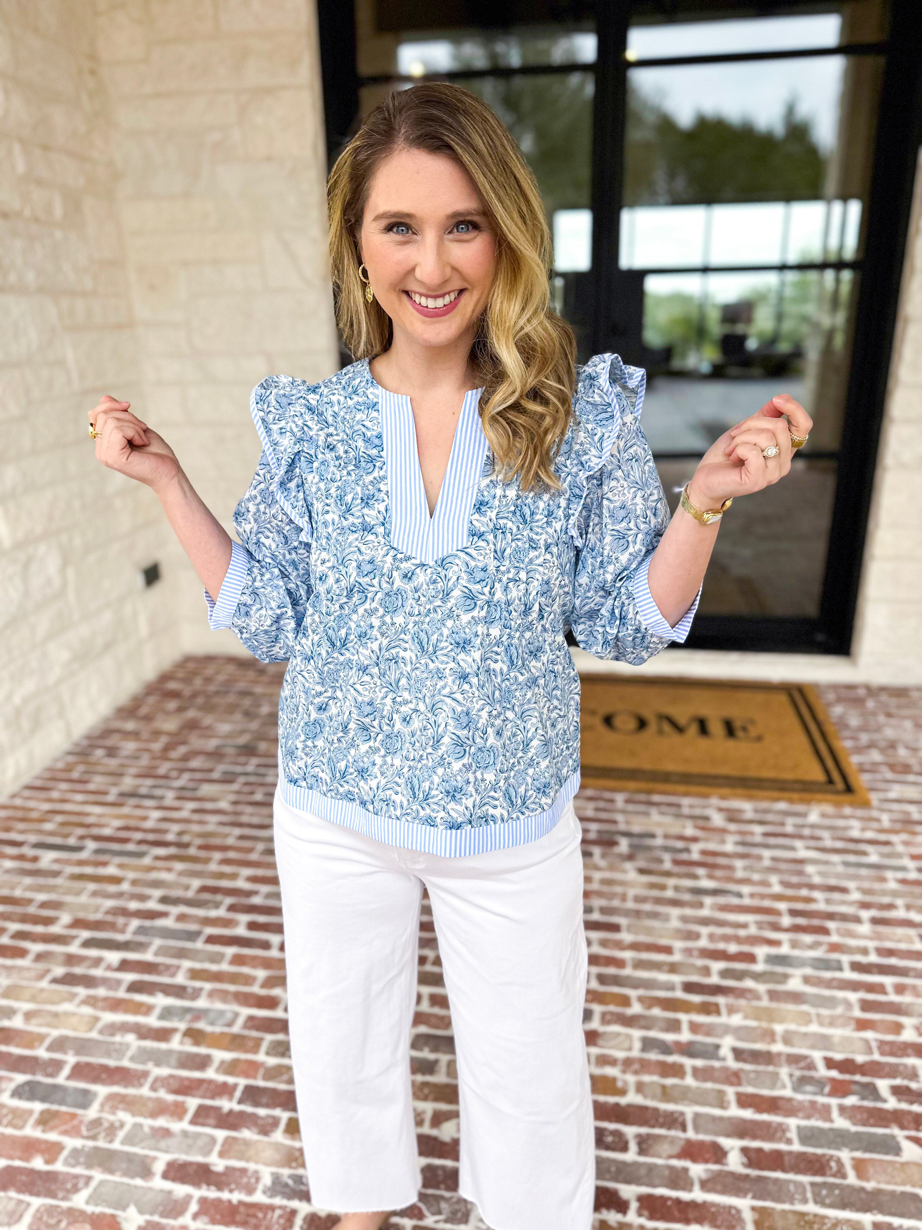 Light Blue Floral Blouse-200 Fashion Blouses-STRUT & BOLT-July & June Women's Fashion Boutique Located in San Antonio, Texas