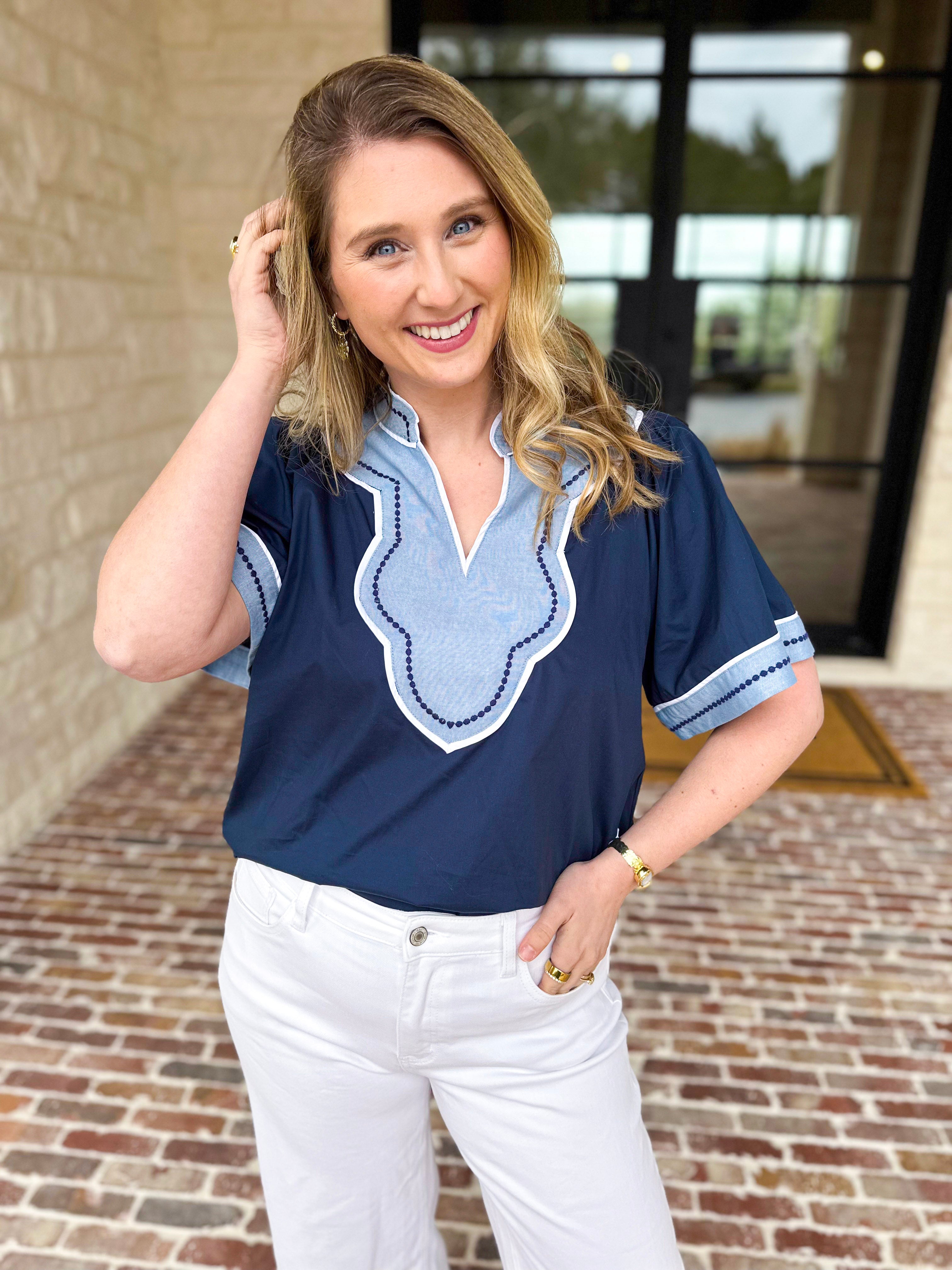 THML - Navy & Light Blue Blouse-200 Fashion Blouses-THML-July & June Women's Fashion Boutique Located in San Antonio, Texas
