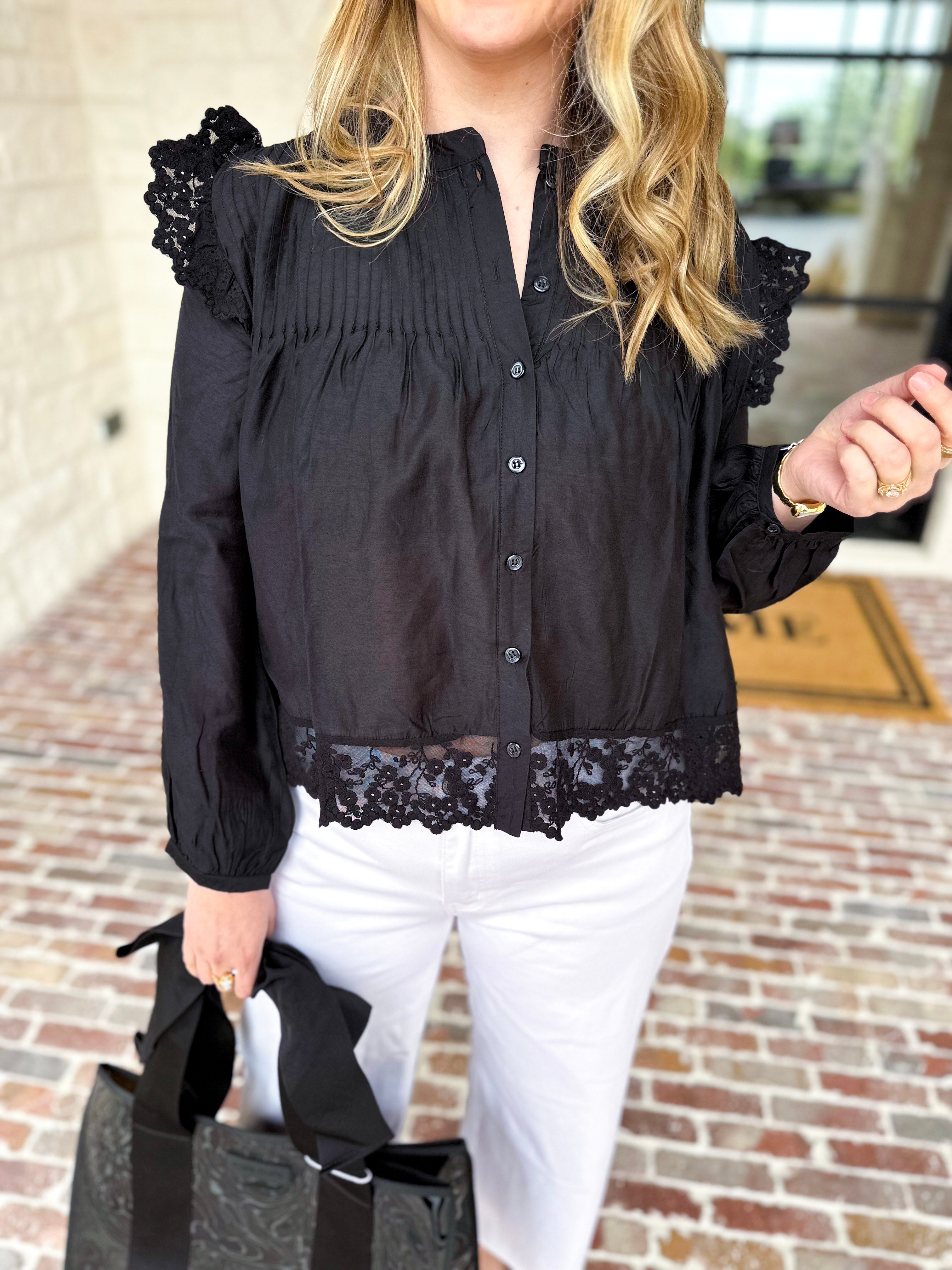 Frilly Black Blouse-200 Fashion Blouses-TCEC-July & June Women's Fashion Boutique Located in San Antonio, Texas