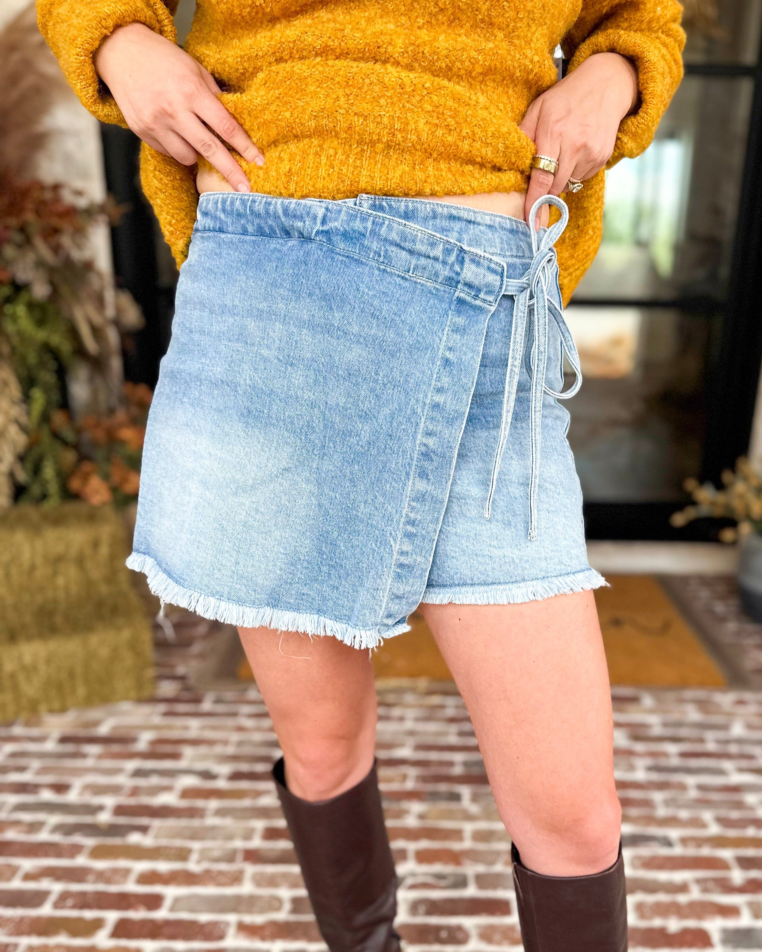 Vervet - Light Wash Wrap Denim Skort-410 Shorts/Skirts-VEVERT BY FLYING MONKEY-July & June Women's Fashion Boutique Located in San Antonio, Texas