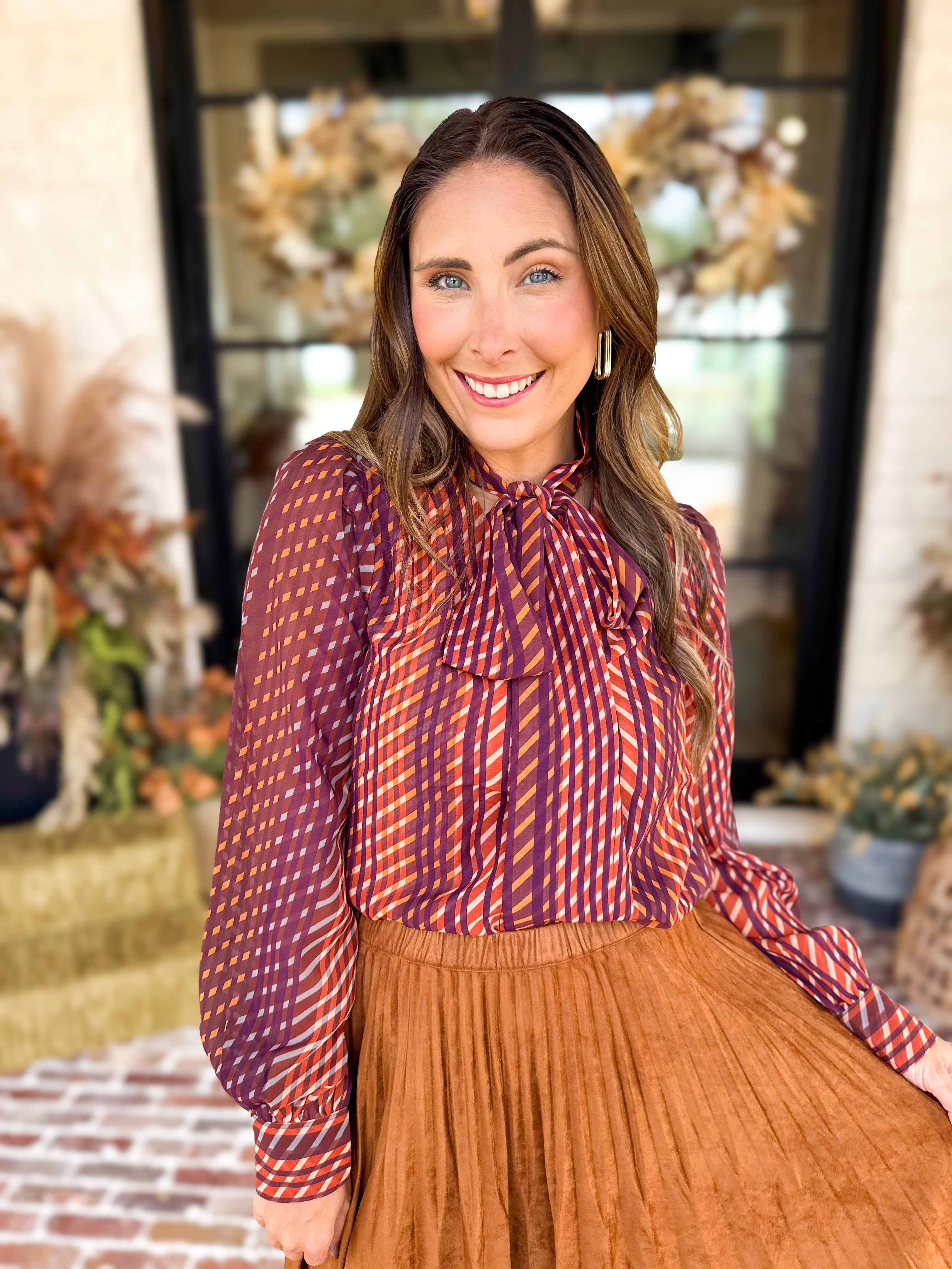 Liverpool - Fall Afterglow Neck Tie Blouse-200 Fashion Blouses-LIVERPOOL JEANS COMPANY-July & June Women's Fashion Boutique Located in San Antonio, Texas