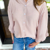 Breezy Gingham Blouse - Camel-200 Fashion Blouses-FATE-July & June Women's Fashion Boutique Located in San Antonio, Texas