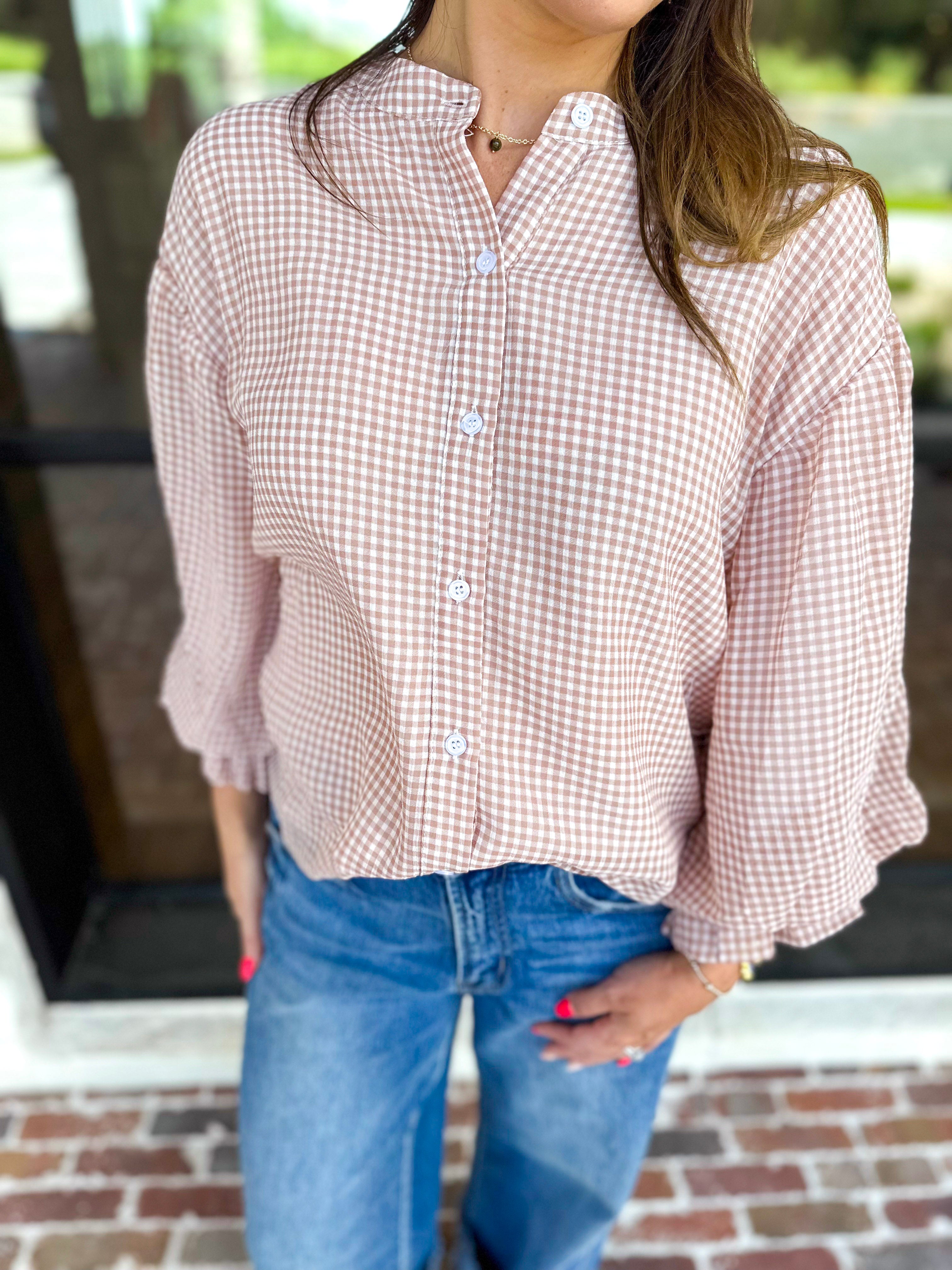 Breezy Gingham Blouse - Camel-200 Fashion Blouses-FATE-July & June Women's Fashion Boutique Located in San Antonio, Texas