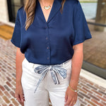 LIVERPOOL - Short Sleeve Satin Top - Navy-200 Fashion Blouses-LIVERPOOL JEANS COMPANY-July & June Women's Fashion Boutique Located in San Antonio, Texas