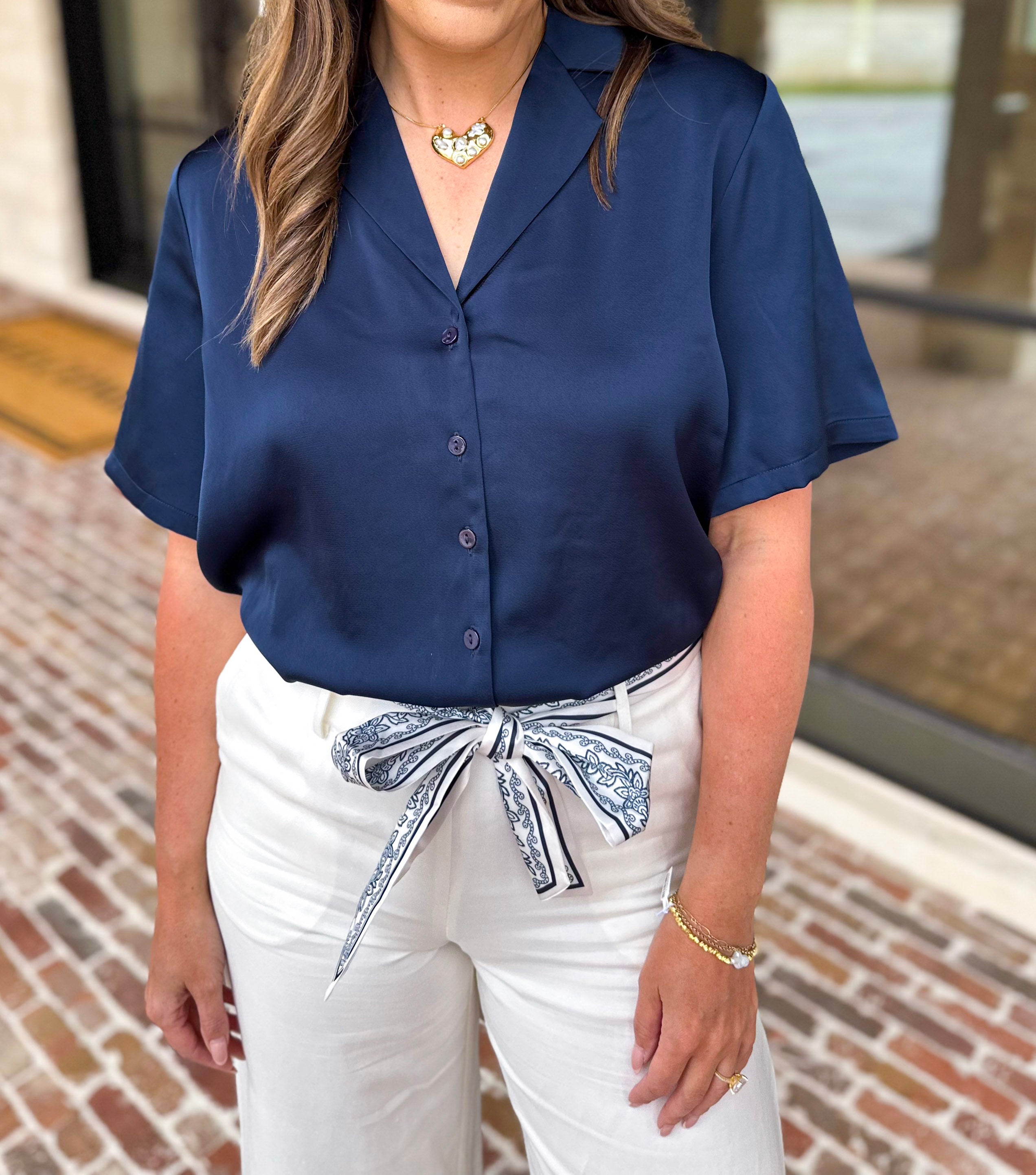 LIVERPOOL - Short Sleeve Satin Top - Navy-200 Fashion Blouses-LIVERPOOL JEANS COMPANY-July & June Women's Fashion Boutique Located in San Antonio, Texas