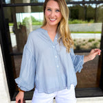 Breezy Gingham Blouse - Dusty Blue-200 Fashion Blouses-FATE-July & June Women's Fashion Boutique Located in San Antonio, Texas