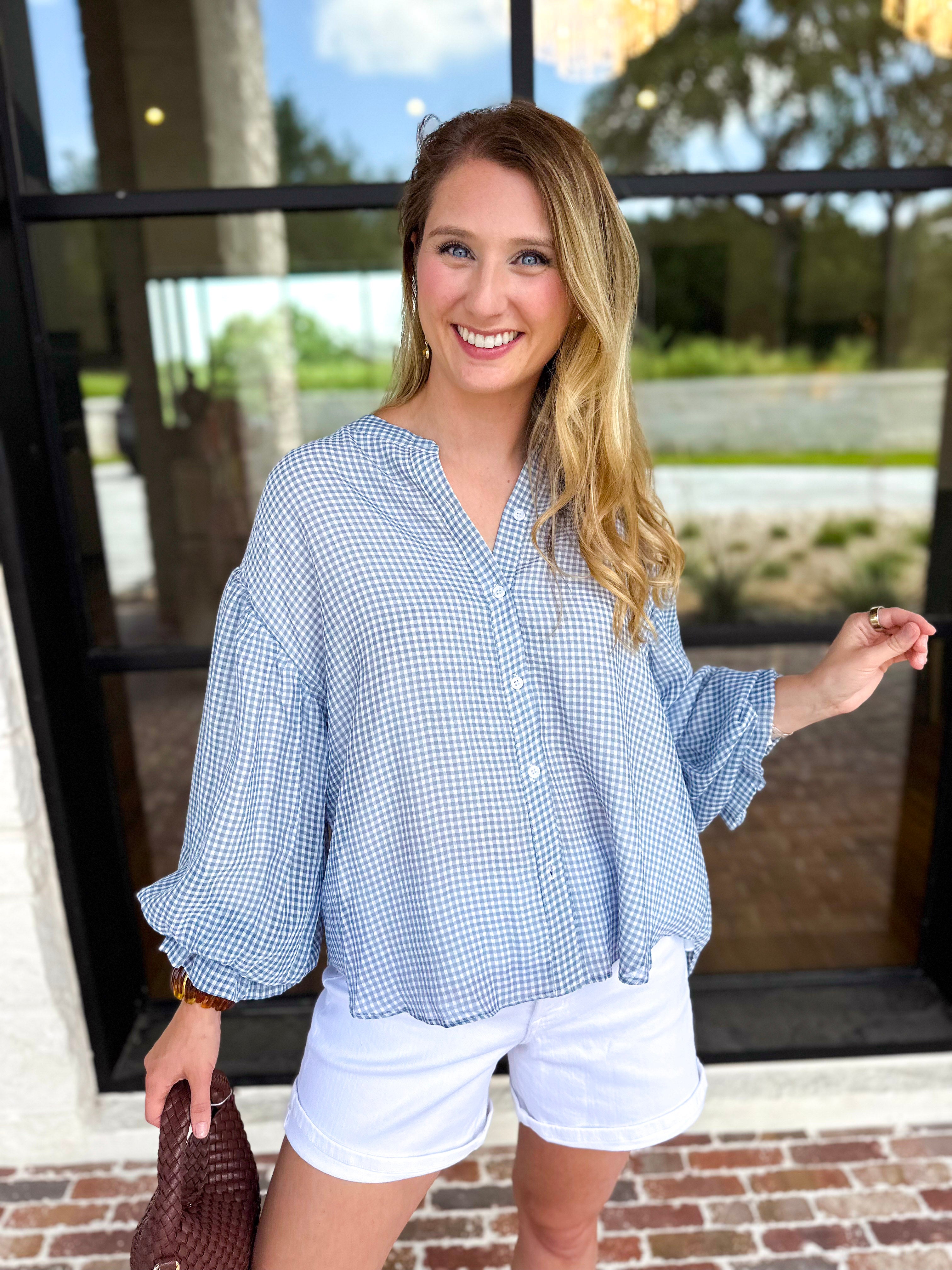 Breezy Gingham Blouse - Dusty Blue-200 Fashion Blouses-FATE-July & June Women's Fashion Boutique Located in San Antonio, Texas