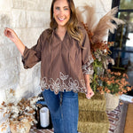 Maya Floral Stitch Blouse - Mocha-200 Fashion Blouses-ENTRO-July & June Women's Fashion Boutique Located in San Antonio, Texas