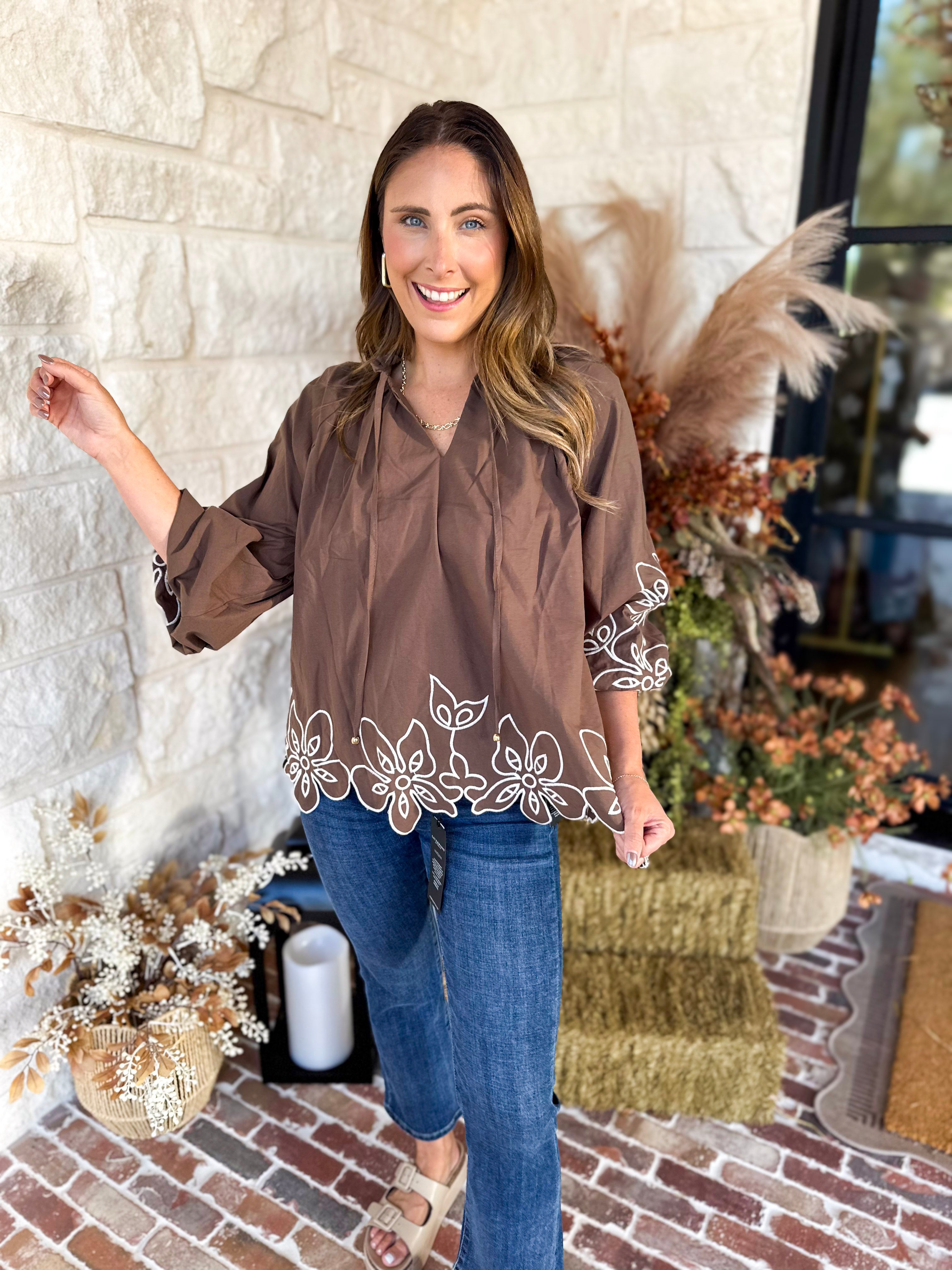 Maya Floral Stitch Blouse - Mocha-200 Fashion Blouses-ENTRO-July & June Women's Fashion Boutique Located in San Antonio, Texas