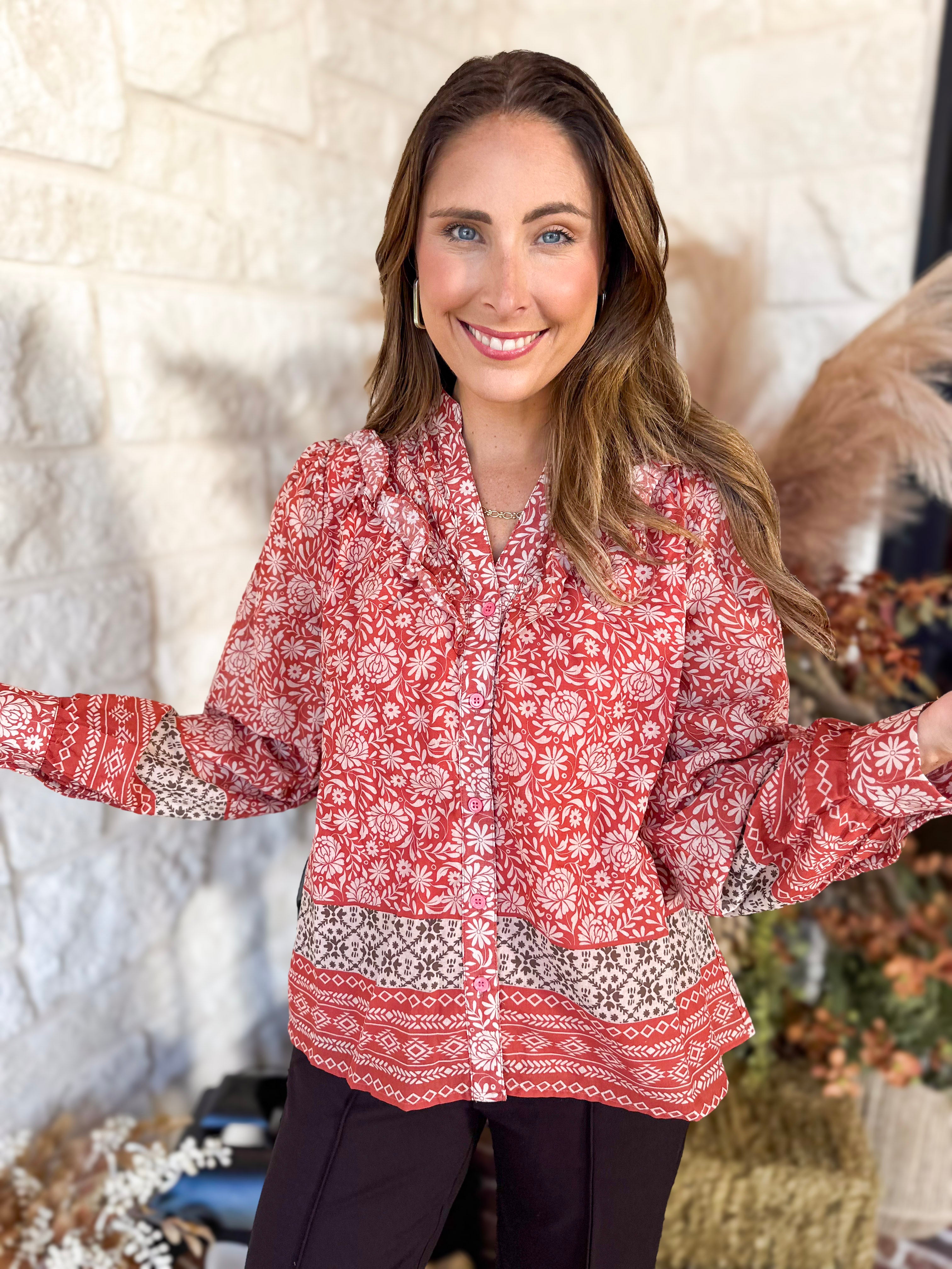 Posey Spiced Apricot Floral Blouse-200 Fashion Blouses-FATE-July & June Women's Fashion Boutique Located in San Antonio, Texas