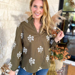 Mary Square - Olive Embroidered Flora Blouse-200 Fashion Blouses-MARY SQUARE-July & June Women's Fashion Boutique Located in San Antonio, Texas