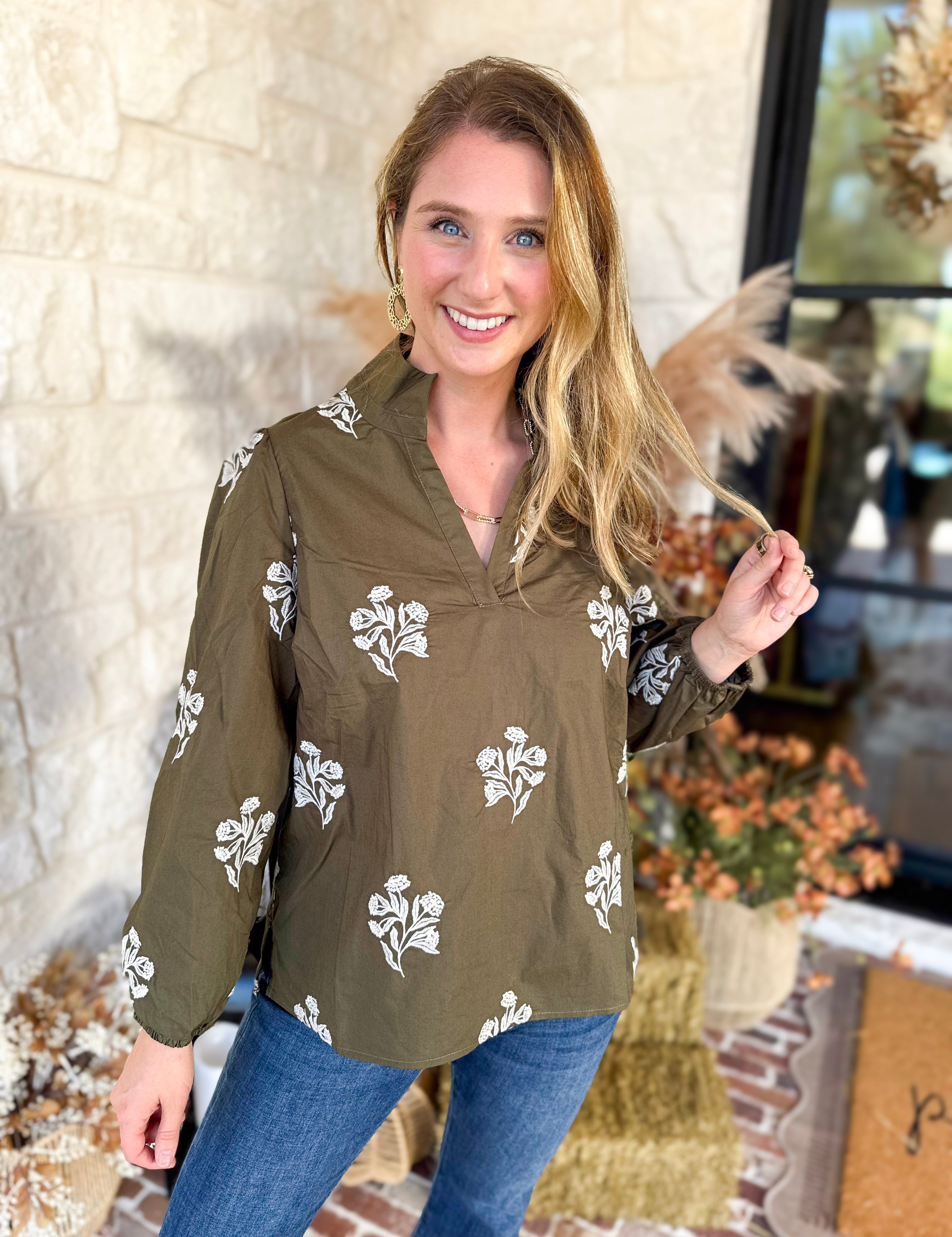 Mary Square - Olive Embroidered Flora Blouse-200 Fashion Blouses-MARY SQUARE-July & June Women's Fashion Boutique Located in San Antonio, Texas