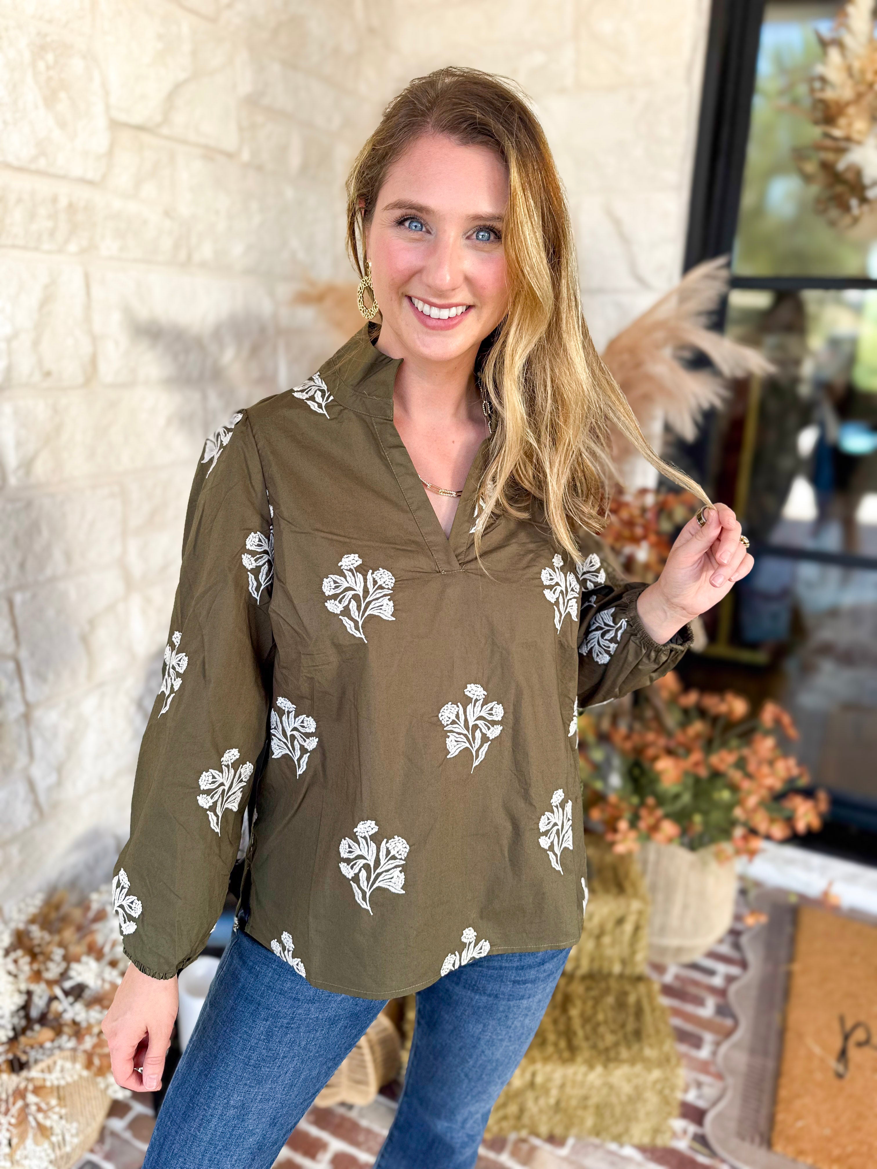 Mary Square - Olive Embroidered Flora Blouse-200 Fashion Blouses-MARY SQUARE-July & June Women's Fashion Boutique Located in San Antonio, Texas