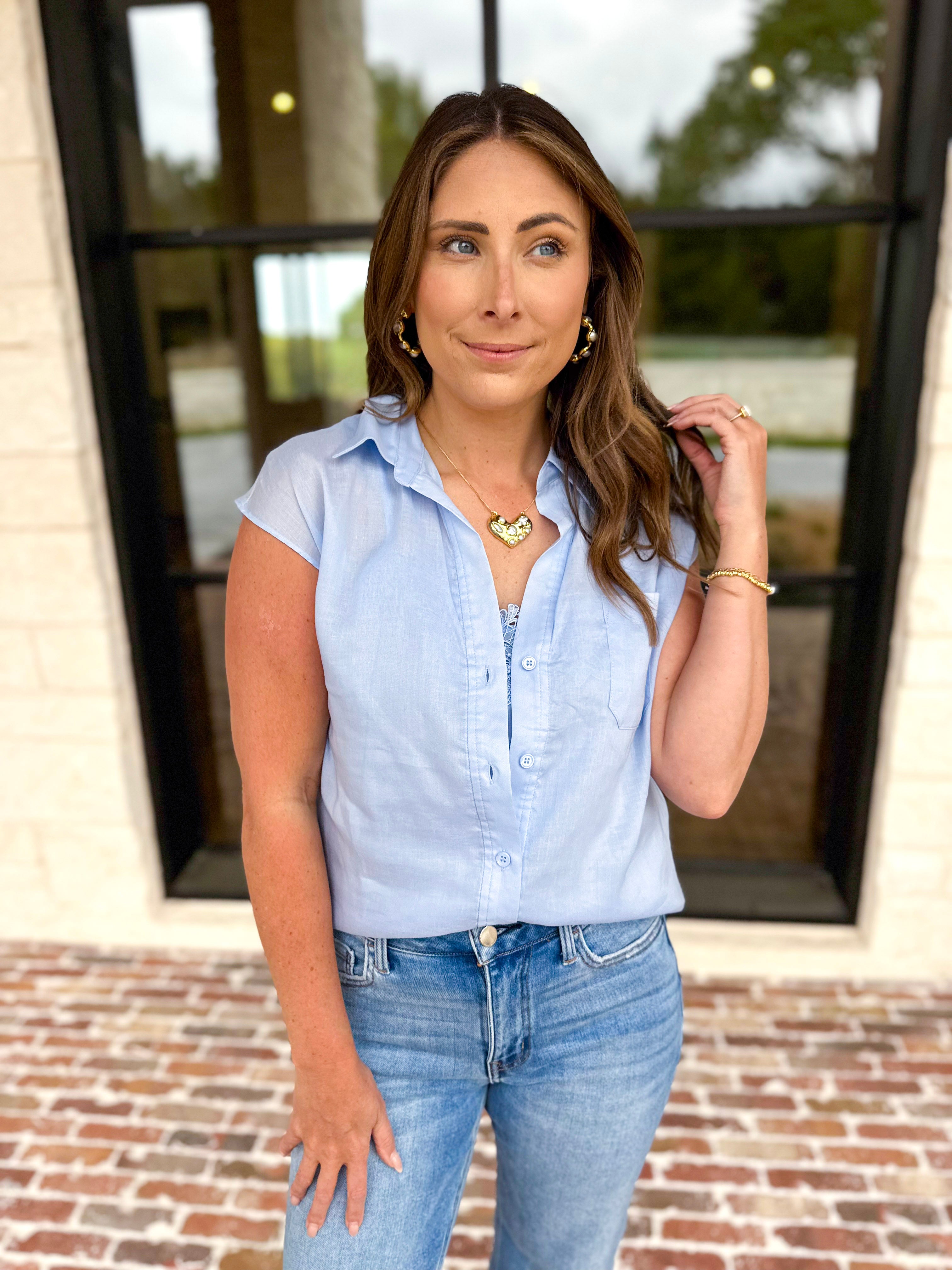Current Air - The Linen Cap Sleeve Top - Pale Blue-200 Fashion Blouses-CURRENT AIR CLOTHING-July & June Women's Fashion Boutique Located in San Antonio, Texas