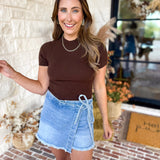 Mock Neck Soft Fitted Sweater Top - Dark Brown-230 Sweaters/Cardis-SKIES ARE BLUE-July & June Women's Fashion Boutique Located in San Antonio, Texas
