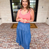 Current Air - Chambray Midi Skirt-410 Shorts/Skirts-CURRENT AIR CLOTHING-July & June Women's Fashion Boutique Located in San Antonio, Texas