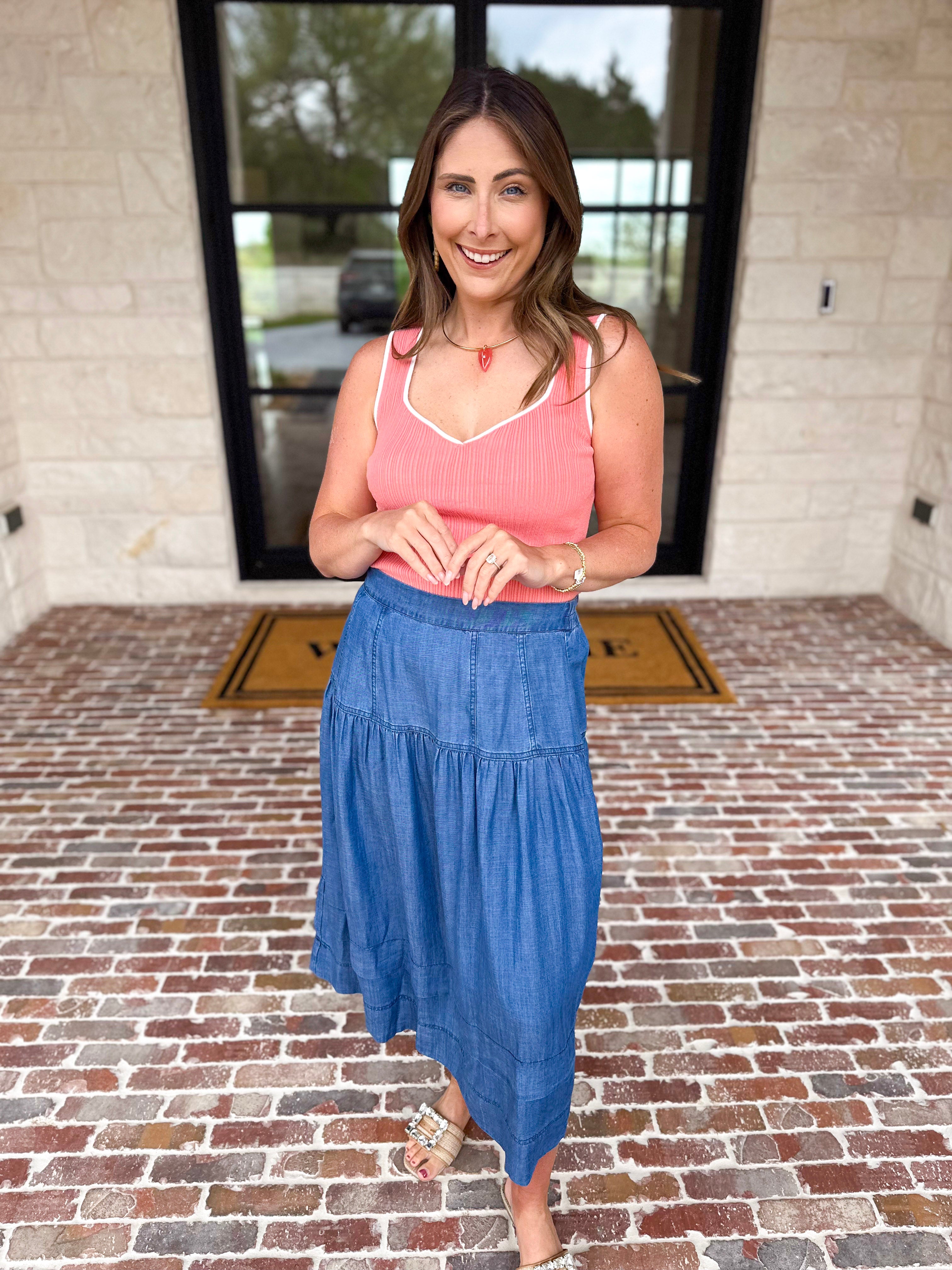 Current Air - Chambray Midi Skirt-410 Shorts/Skirts-CURRENT AIR CLOTHING-July & June Women's Fashion Boutique Located in San Antonio, Texas