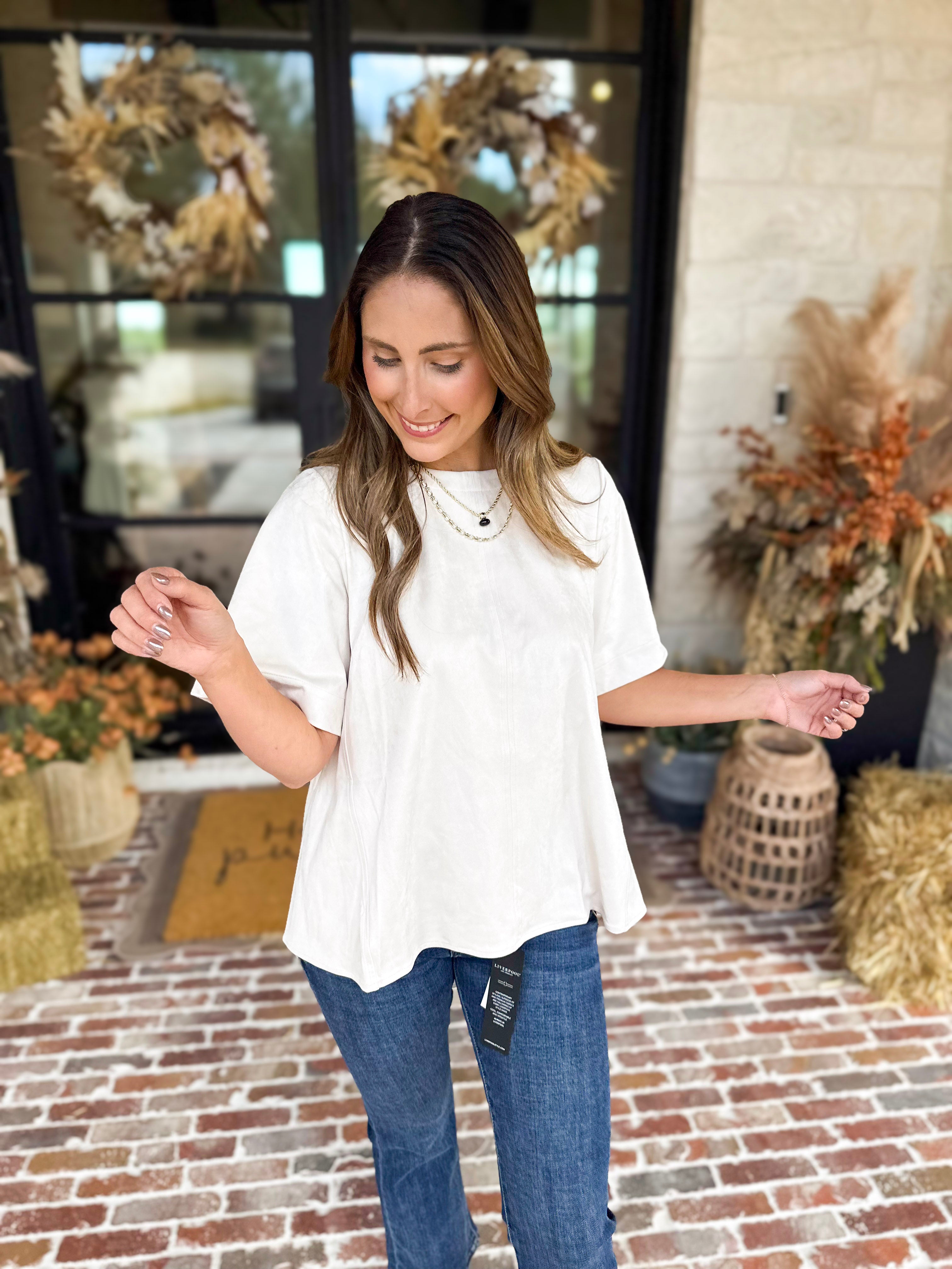 Suede Swing Blouse - Cream-200 Fashion Blouses-FATE-July & June Women's Fashion Boutique Located in San Antonio, Texas