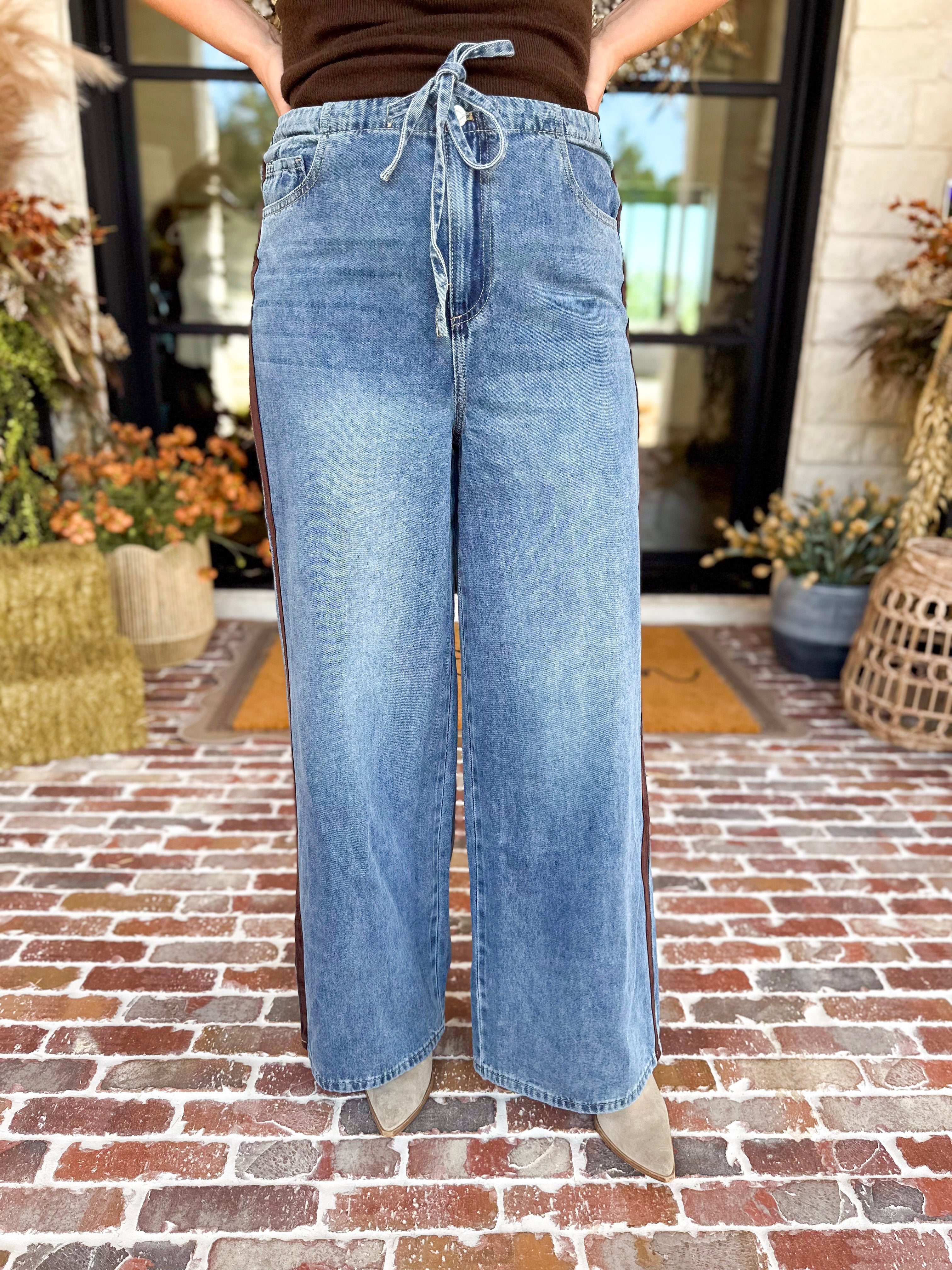 Denim & Suede Trim Drawstring Pants-400 Pants-SKIES ARE BLUE-July & June Women's Fashion Boutique Located in San Antonio, Texas
