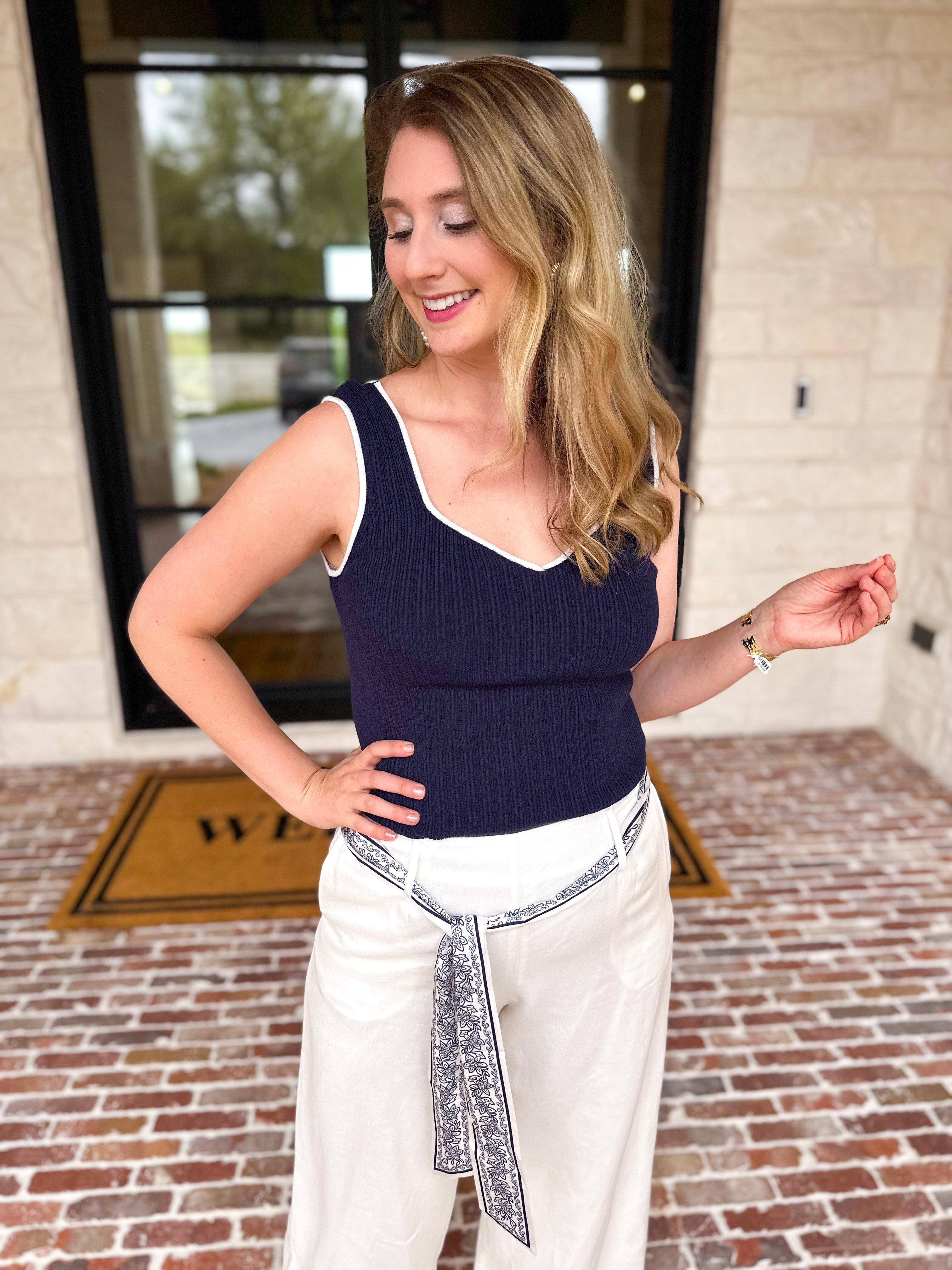 Sweetheart Knit Tank - Navy-200 Fashion Blouses-SKIES ARE BLUE-July & June Women's Fashion Boutique Located in San Antonio, Texas