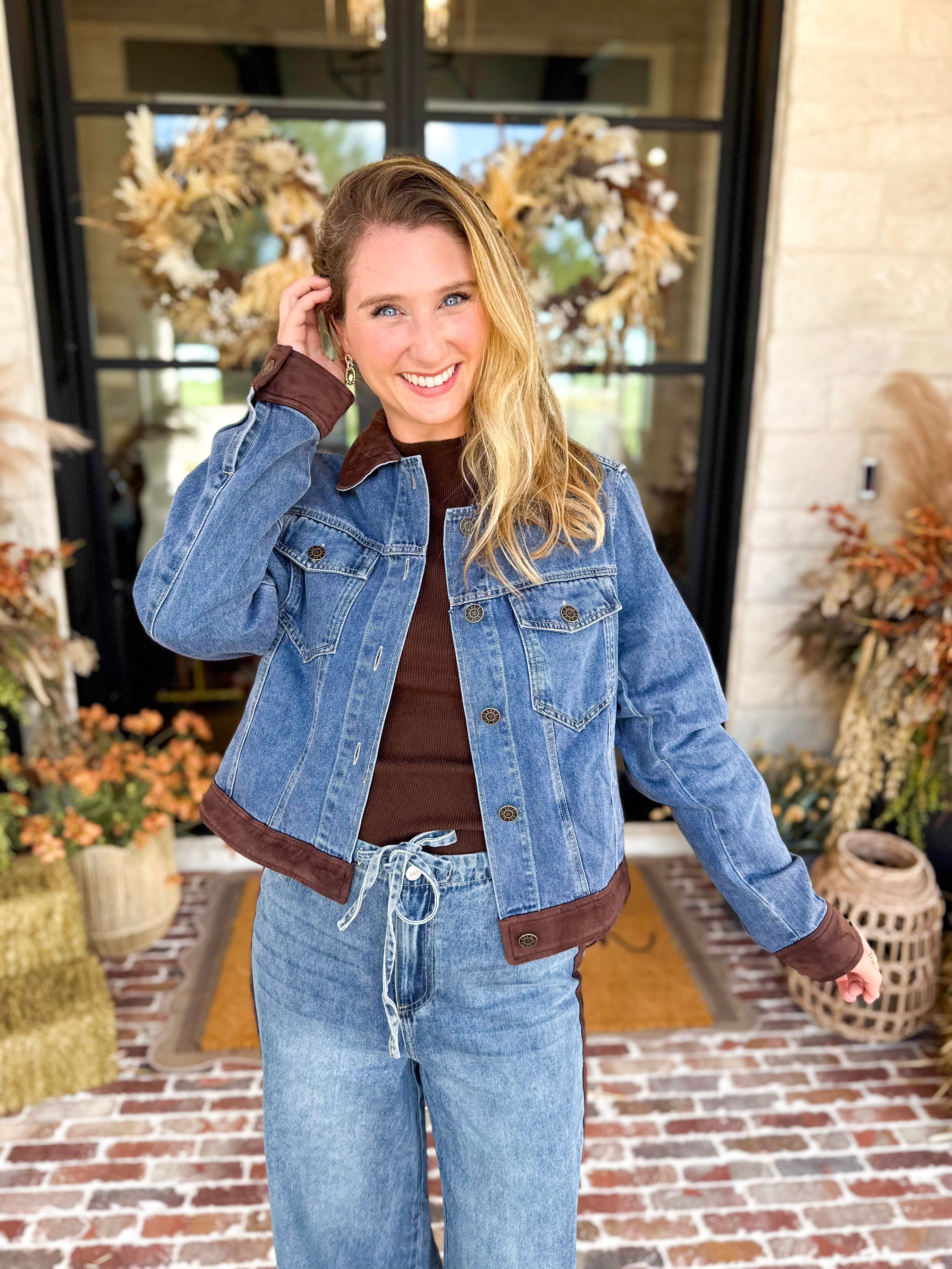 Suede Trim Denim Jacket-600 Outerwear-SKIES ARE BLUE-July & June Women's Fashion Boutique Located in San Antonio, Texas