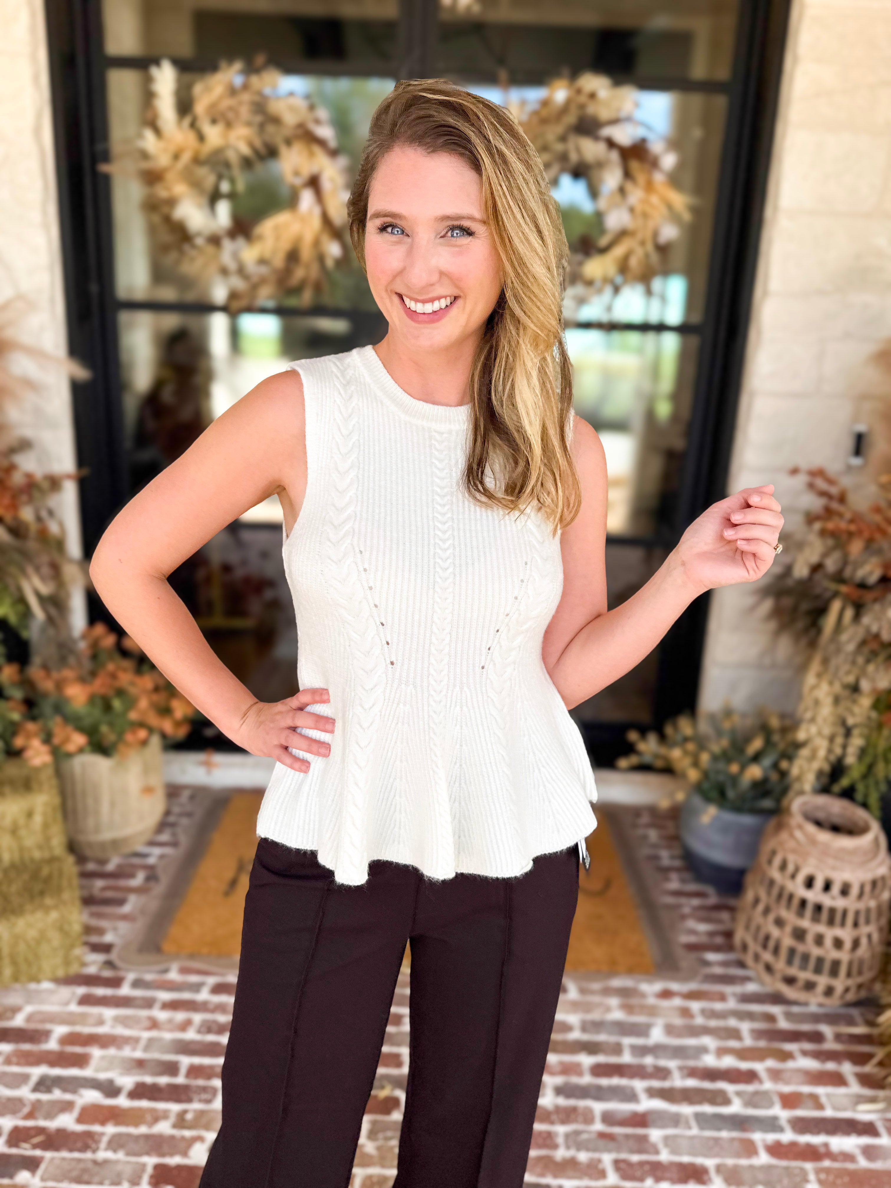 Ivory Cable Knit Sweater Tank-230 Sweaters/Cardis-STRUT & BOLT-July & June Women's Fashion Boutique Located in San Antonio, Texas