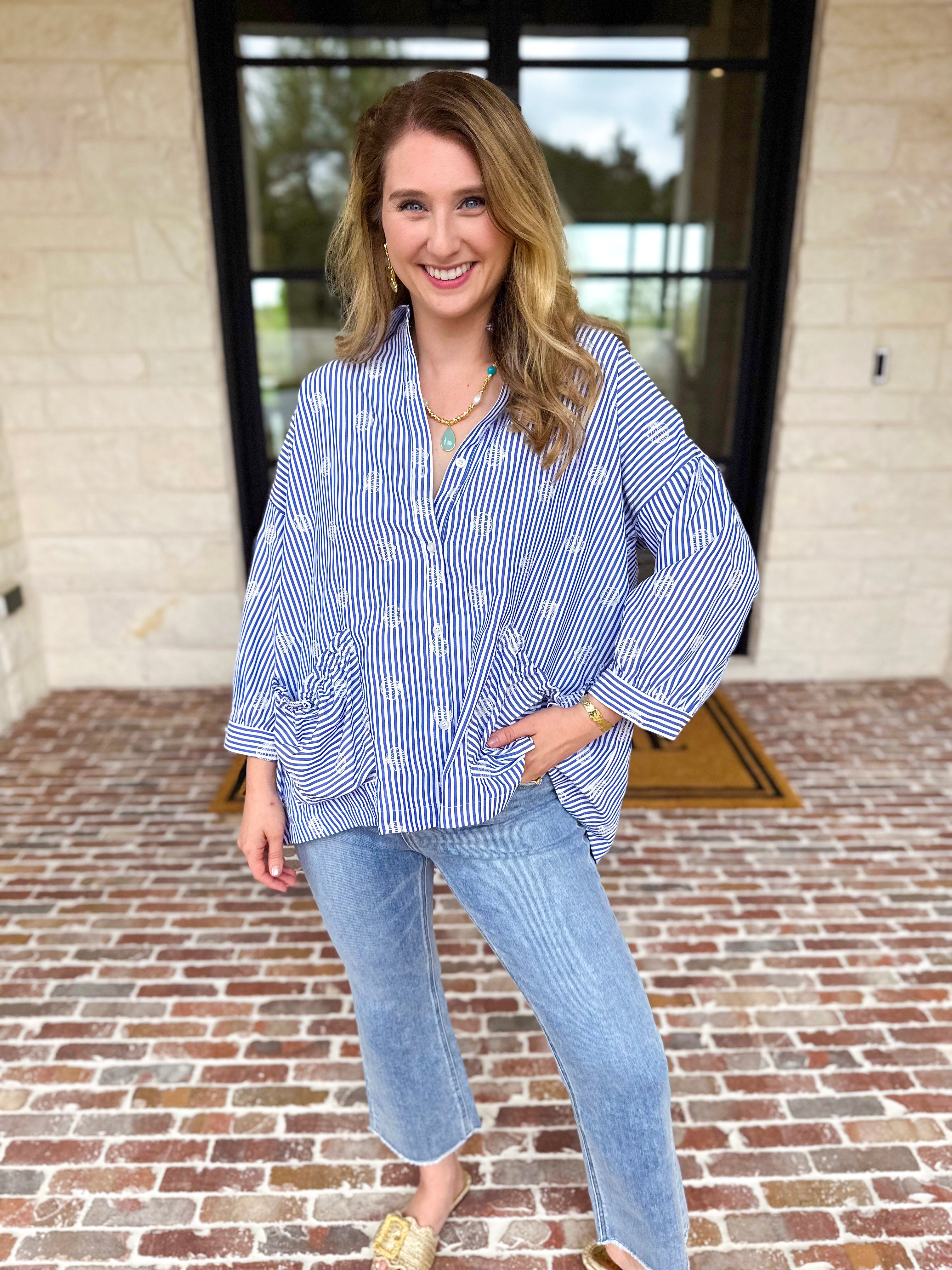 Seashell Flow Button Down Blouse-200 Fashion Blouses-FATE-July & June Women's Fashion Boutique Located in San Antonio, Texas