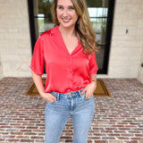 LIVERPOOL - Short Sleeve Satin Top - Sunset Coral-200 Fashion Blouses-LIVERPOOL JEANS COMPANY-July & June Women's Fashion Boutique Located in San Antonio, Texas