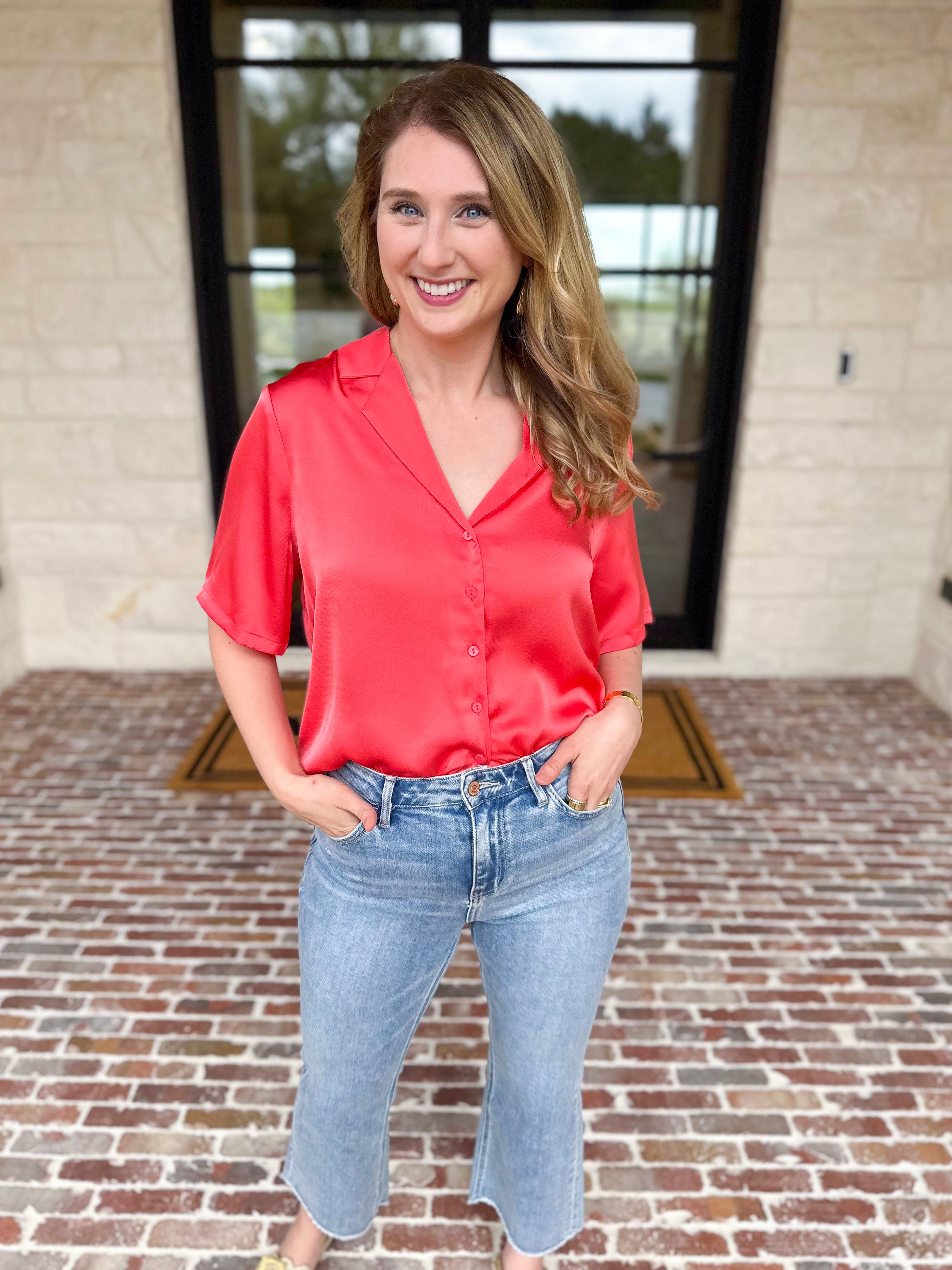 LIVERPOOL - Short Sleeve Satin Top - Sunset Coral-200 Fashion Blouses-LIVERPOOL JEANS COMPANY-July & June Women's Fashion Boutique Located in San Antonio, Texas