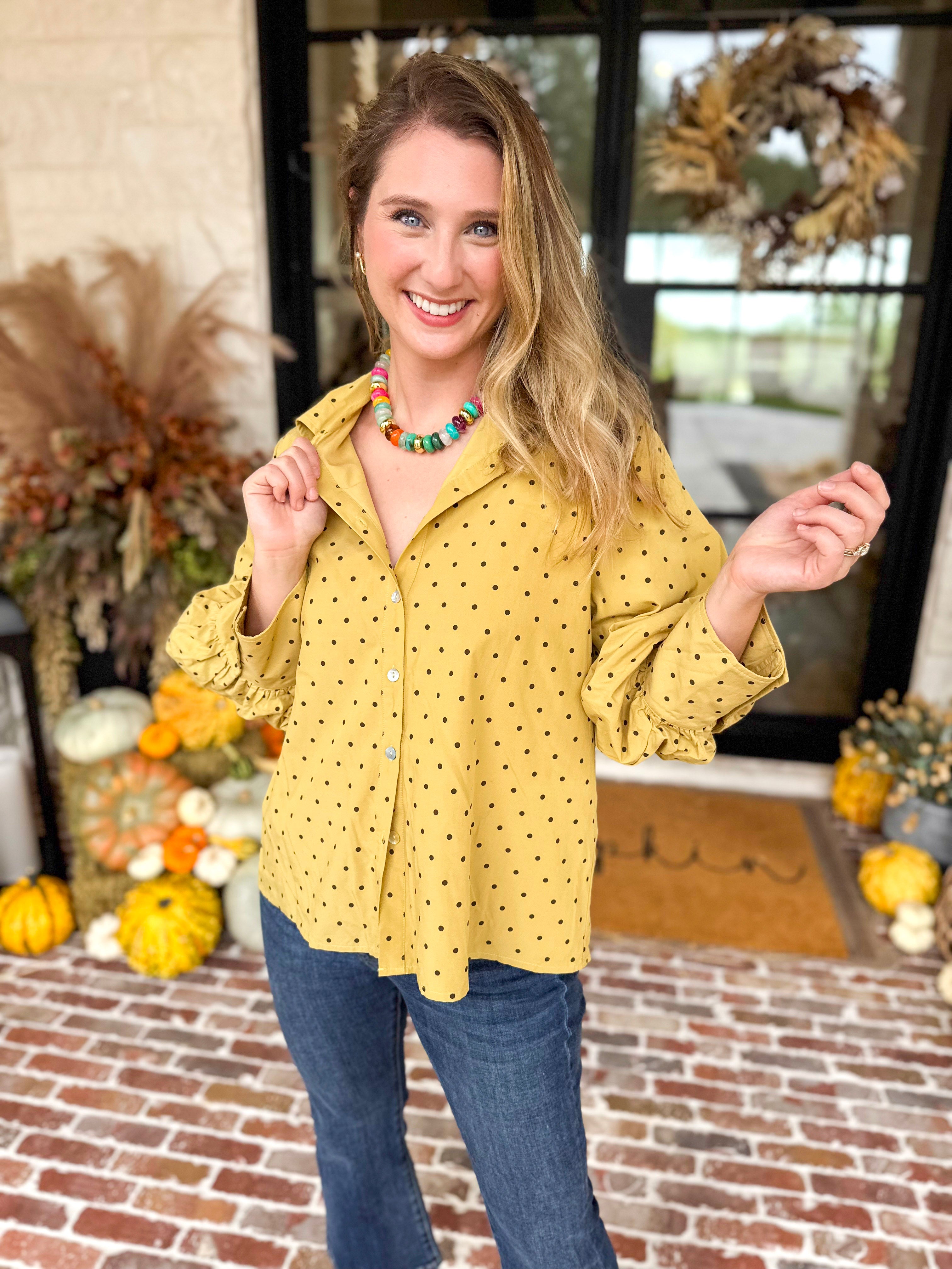 Golden Bubble Sleeve Blouse-200 Fashion Blouses-JODIFL-July & June Women's Fashion Boutique Located in San Antonio, Texas